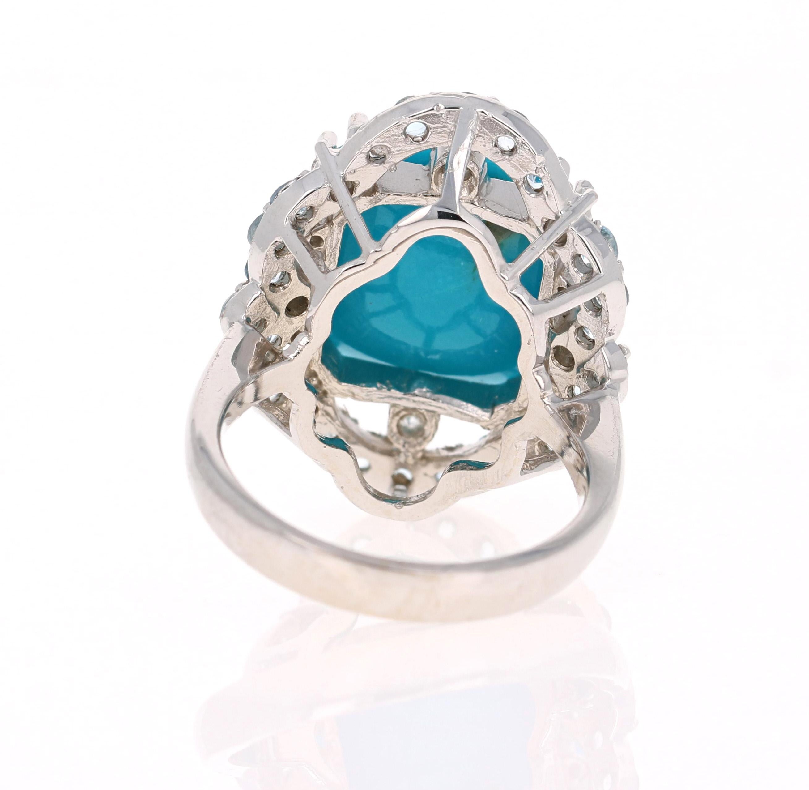 Cushion Cut 10.96 Carat Turquoise Diamond 14 Karat White Gold Cocktail Ring For Sale