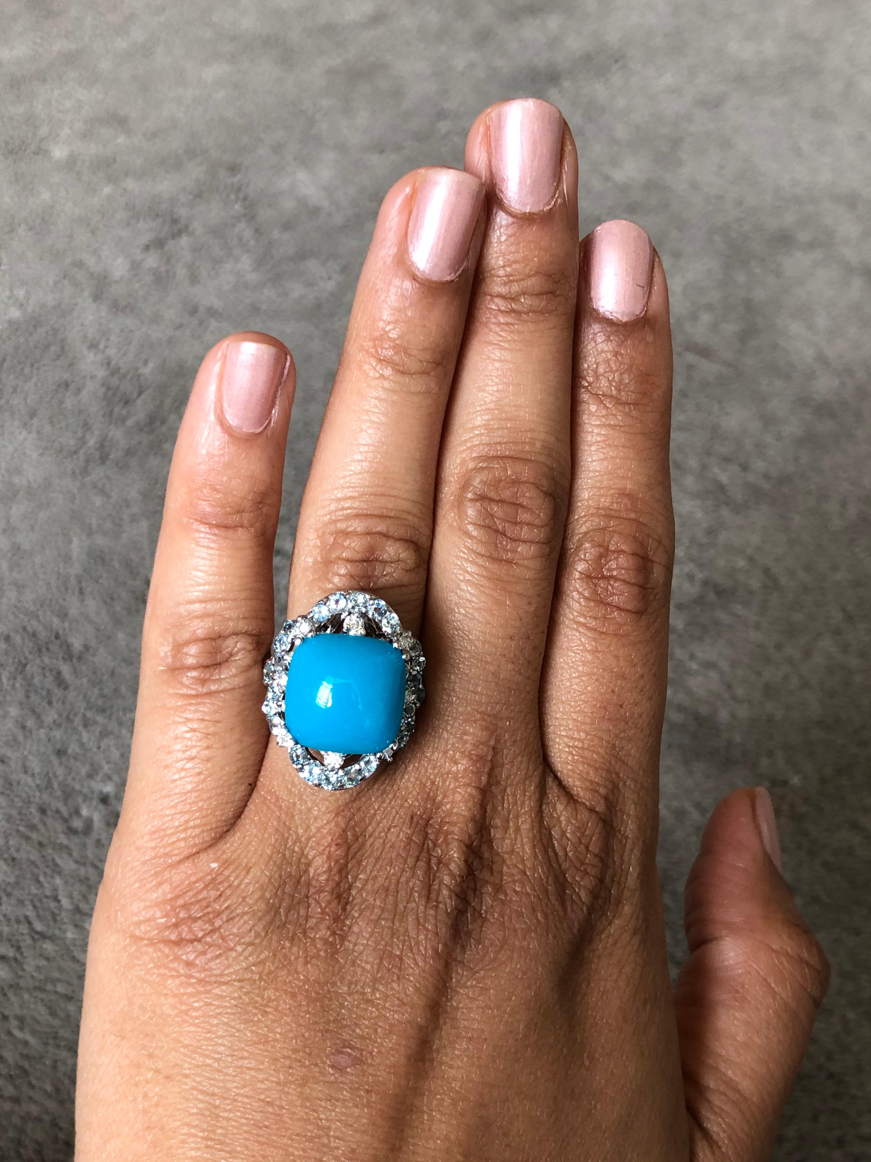 Women's 10.96 Carat Turquoise Diamond 14 Karat White Gold Cocktail Ring For Sale