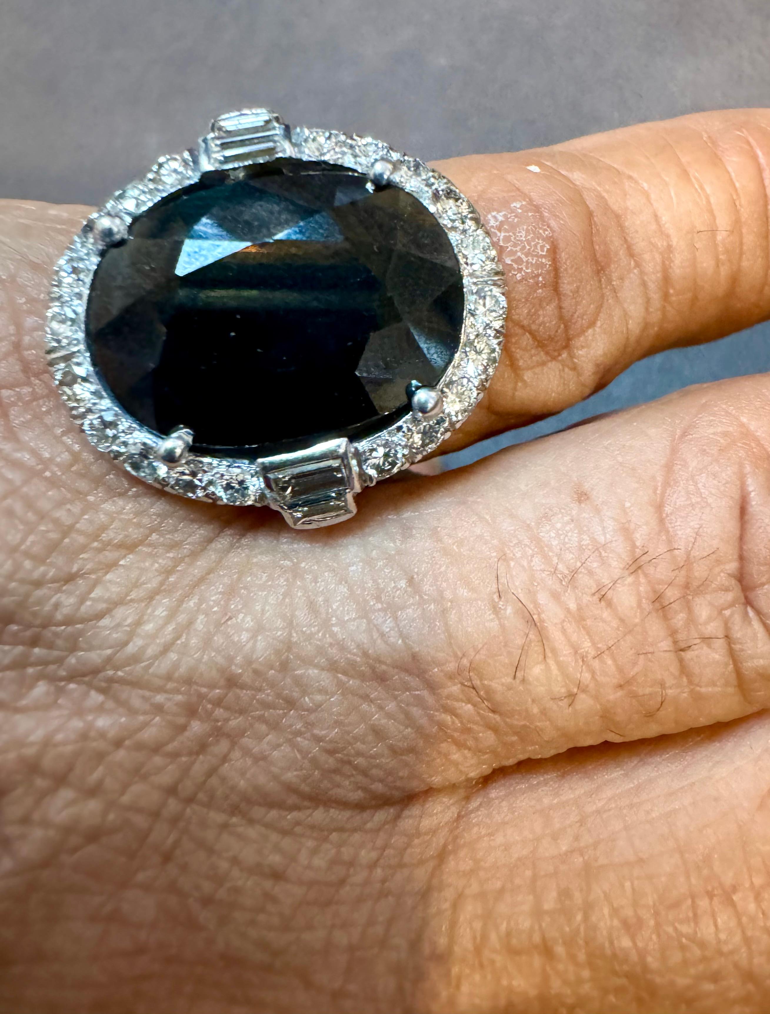 10.96 Ct Mid Night Blue Sapphire & 1 Ct Diamond Cocktail Ring, Platinum, Estate For Sale 6