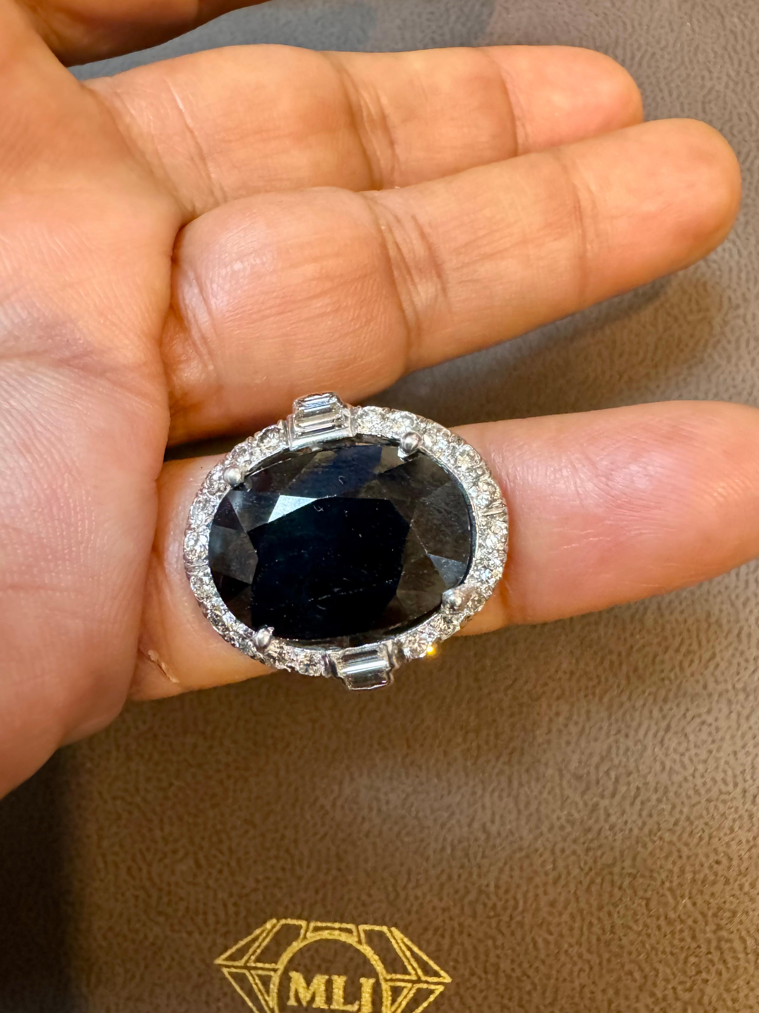 10.96 Ct Mid Night Blue Sapphire & 1 Ct Diamond Cocktail Ring, Platinum, Estate For Sale 7