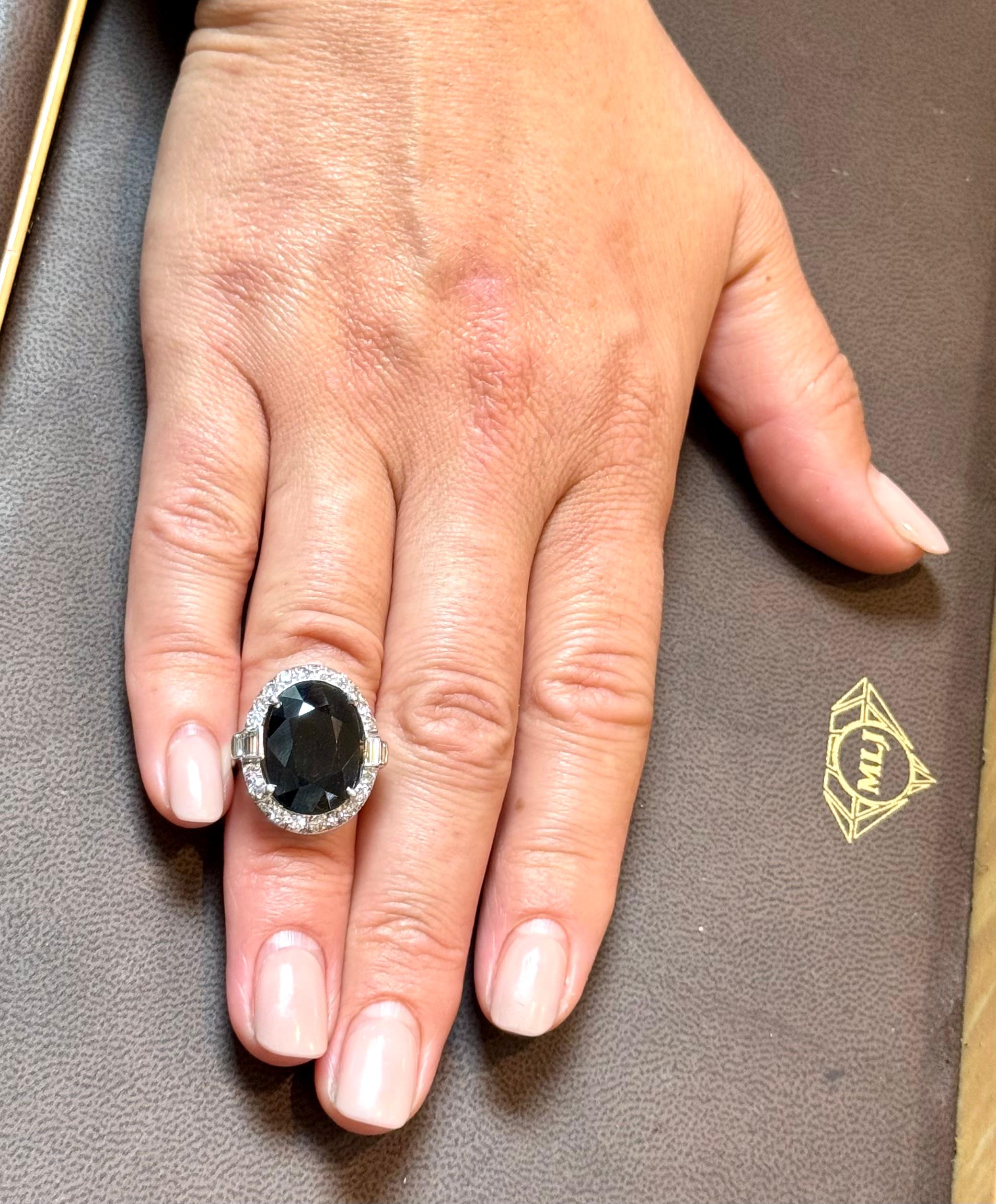 10.96 Ct Mid Night Blue Sapphire & 1 Ct Diamond Cocktail Ring, Platinum, Estate For Sale 11