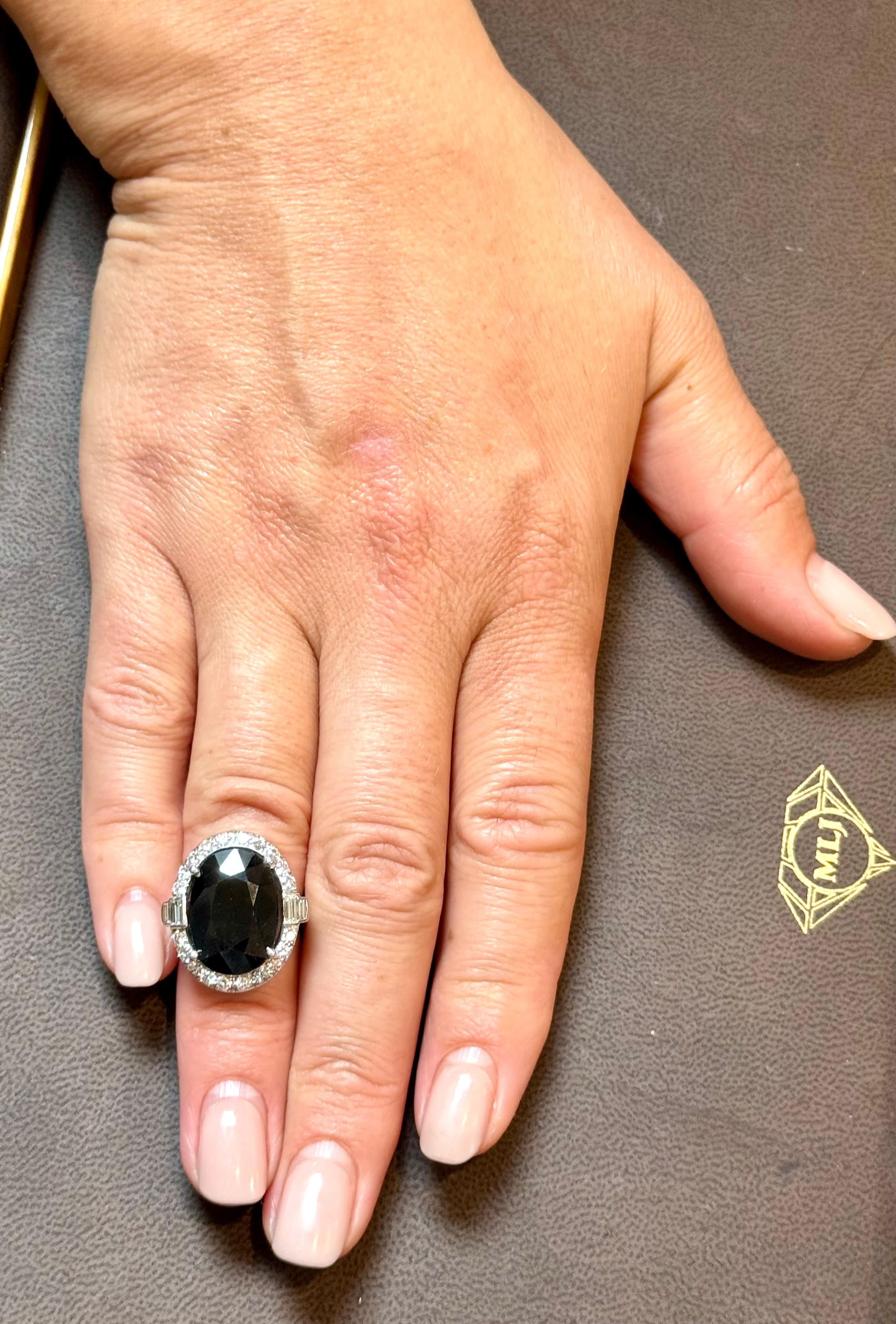 10.96 Ct Mid Night Blue Sapphire & 1 Ct Diamond Cocktail Ring, Platinum, Estate For Sale 12