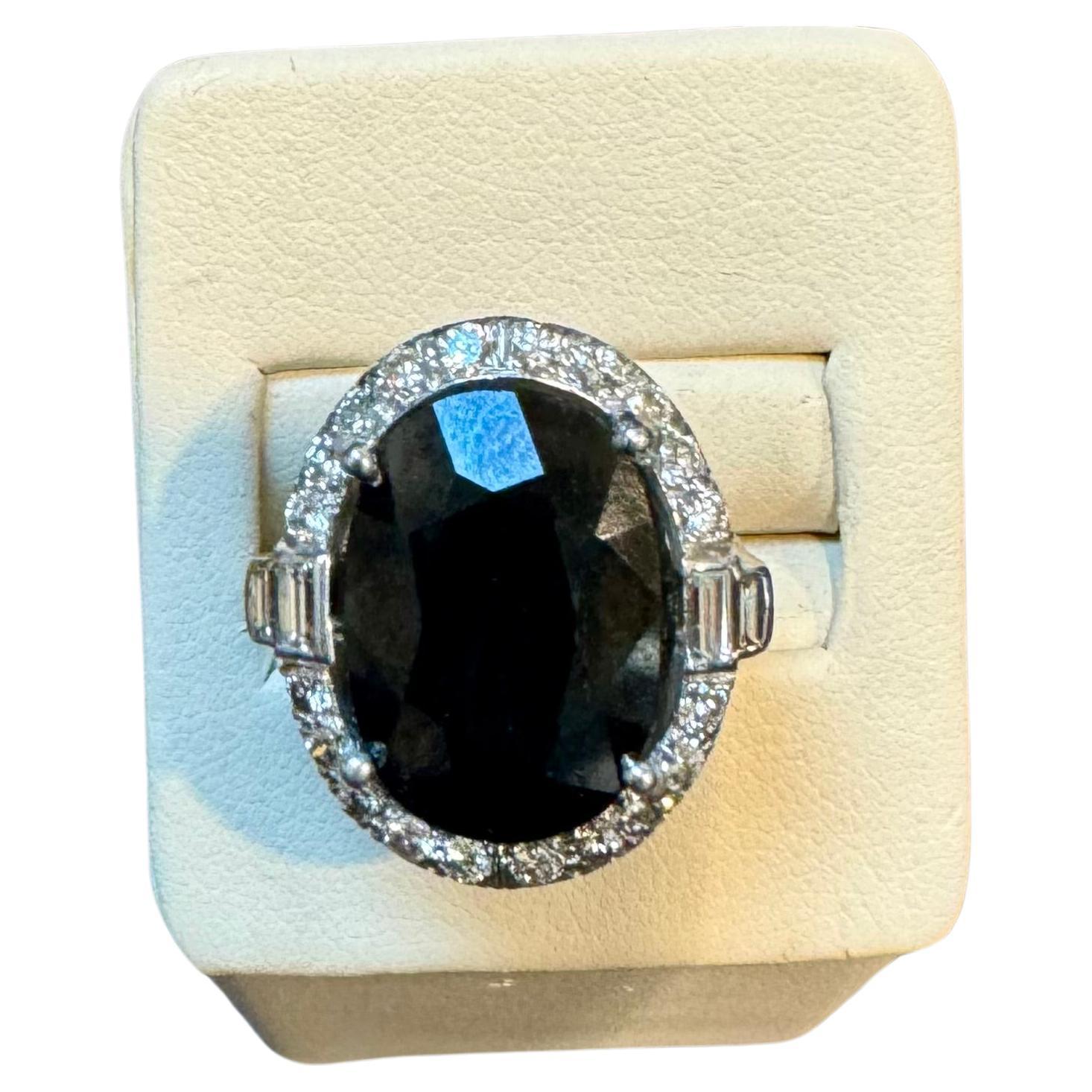 Oval Cut 10.96 Ct Mid Night Blue Sapphire & 1 Ct Diamond Cocktail Ring, Platinum, Estate For Sale