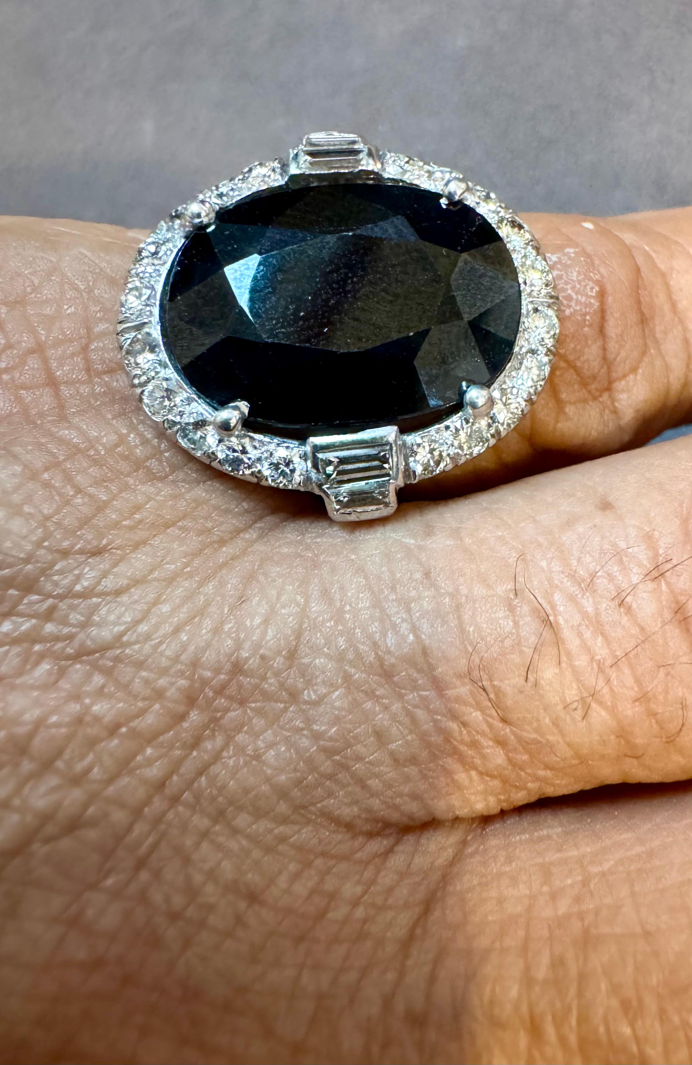 Women's 10.96 Ct Mid Night Blue Sapphire & 1 Ct Diamond Cocktail Ring, Platinum, Estate For Sale