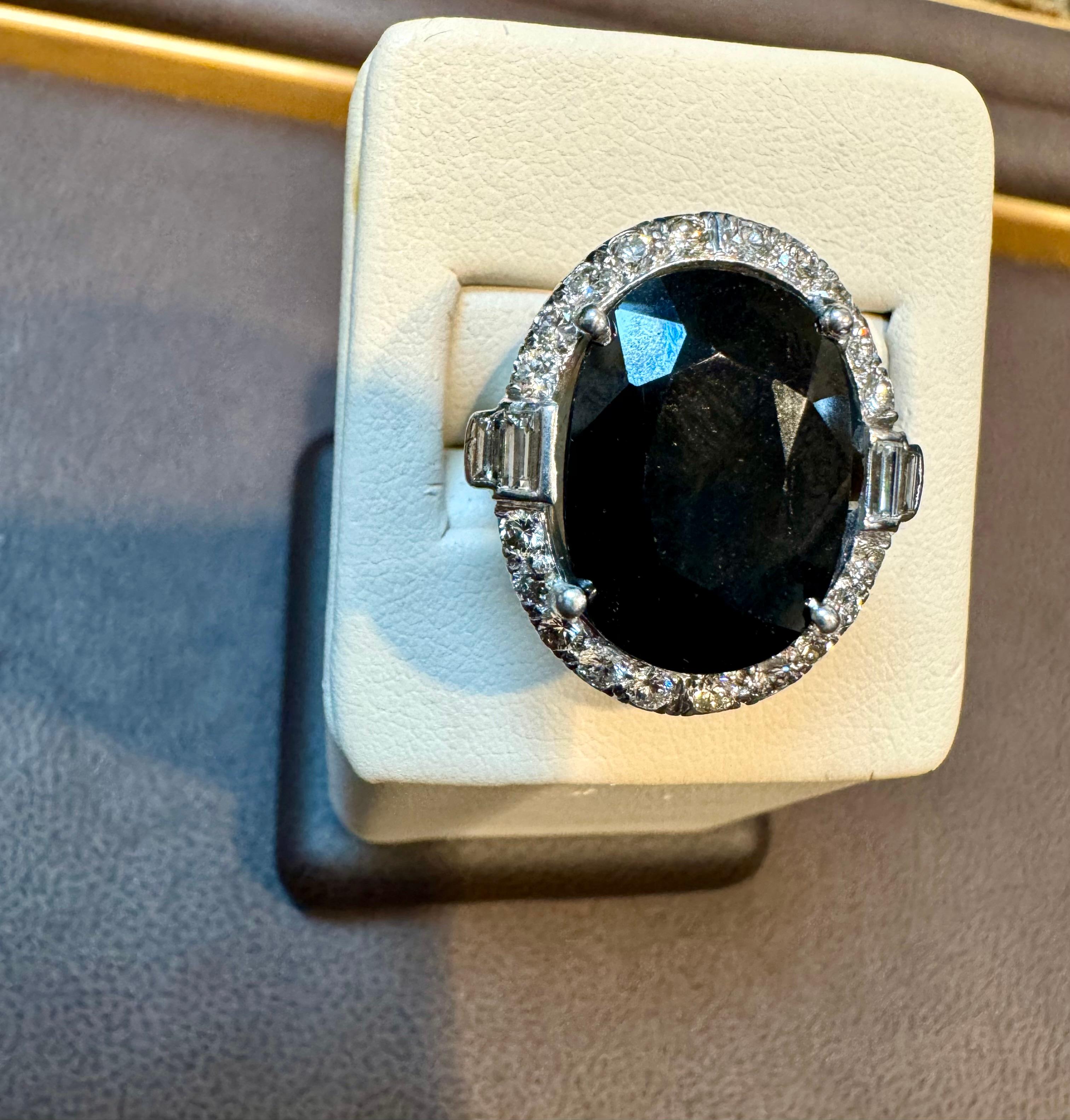 10.96 Ct Mid Night Blue Sapphire & 1 Ct Diamond Cocktail Ring, Platinum, Estate For Sale 1