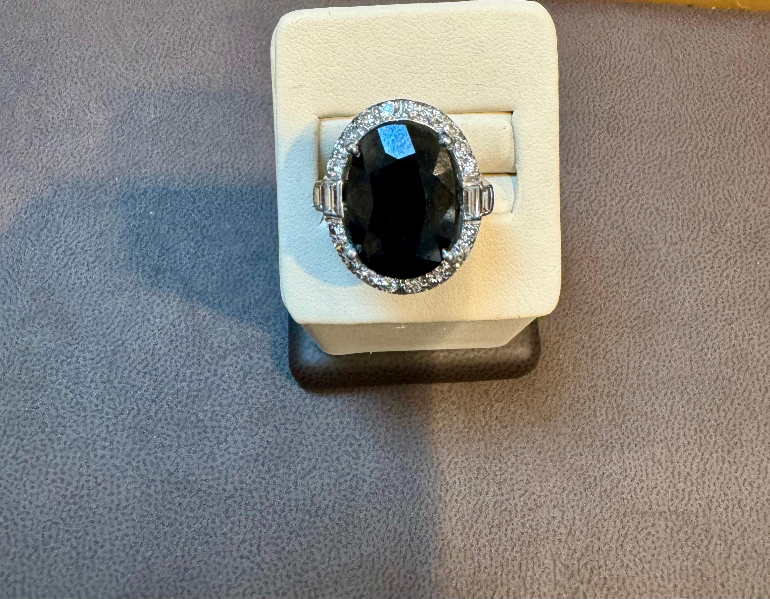 10.96 Ct Mid Night Blue Sapphire & 1 Ct Diamond Cocktail Ring, Platinum, Estate For Sale 2