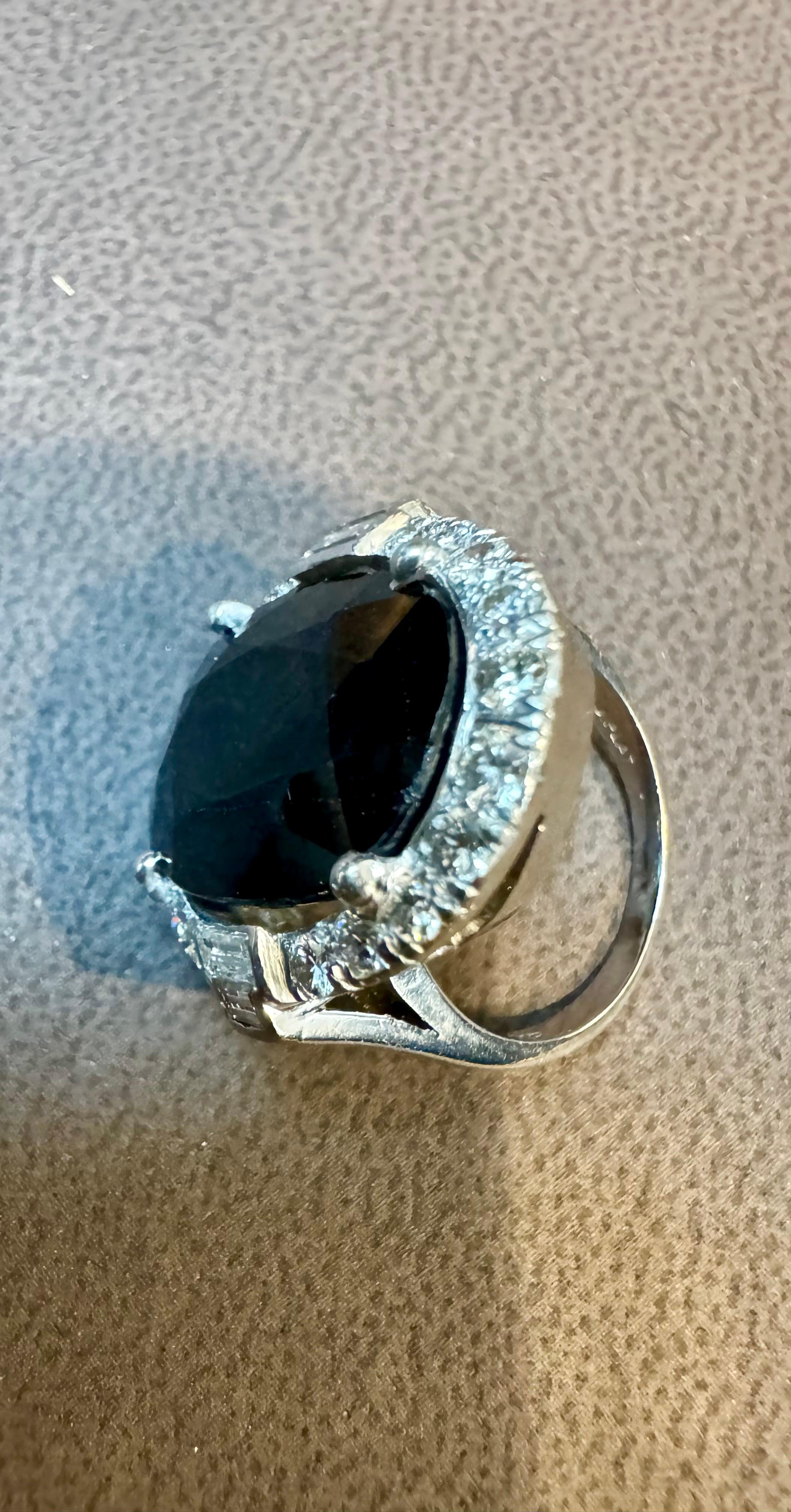 10.96 Ct Mid Night Blue Sapphire & 1 Ct Diamond Cocktail Ring, Platinum, Estate For Sale 3