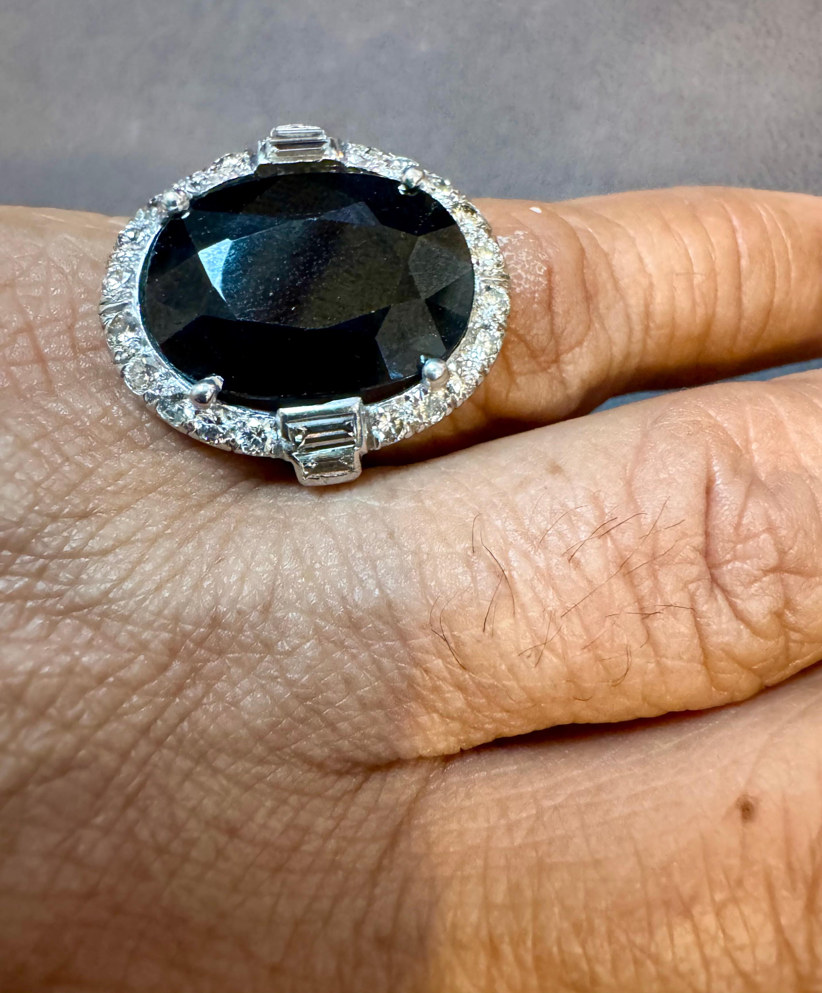 10.96 Ct Mid Night Blue Sapphire & 1 Ct Diamond Cocktail Ring, Platinum, Estate For Sale 4