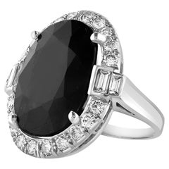 10.96 Ct Mid Night Blue Sapphire & 1 Ct Diamond Cocktail Ring, Platinum, Estate