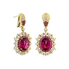 Sunita Nahata 10.96 Carat Rubellite Drop Earrings in 18KYG with Ruby & Diamond.