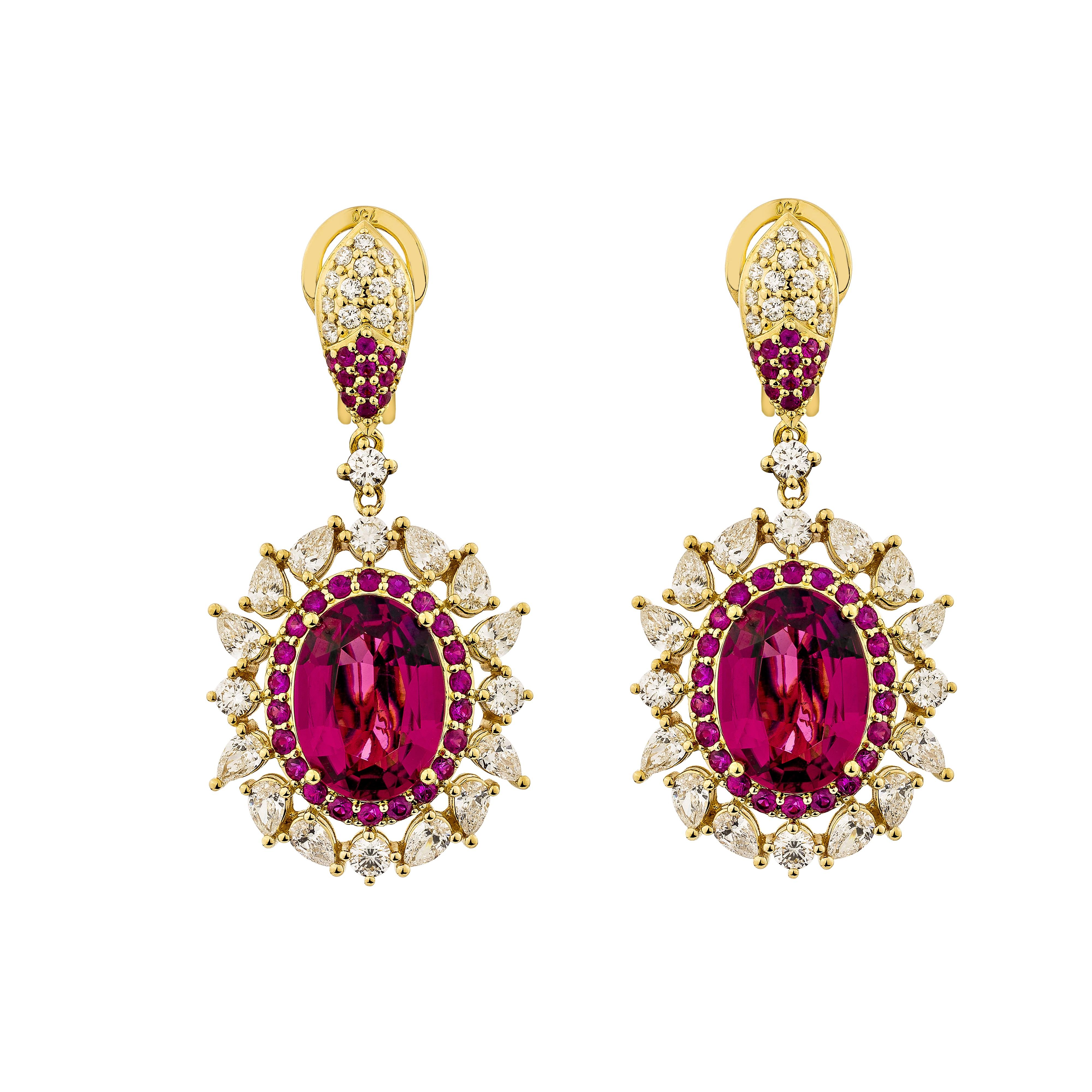 Contemporary 10.962 Carat Rubellite Drop Earrings in 18KYG with Ruby and White Diamond. For Sale