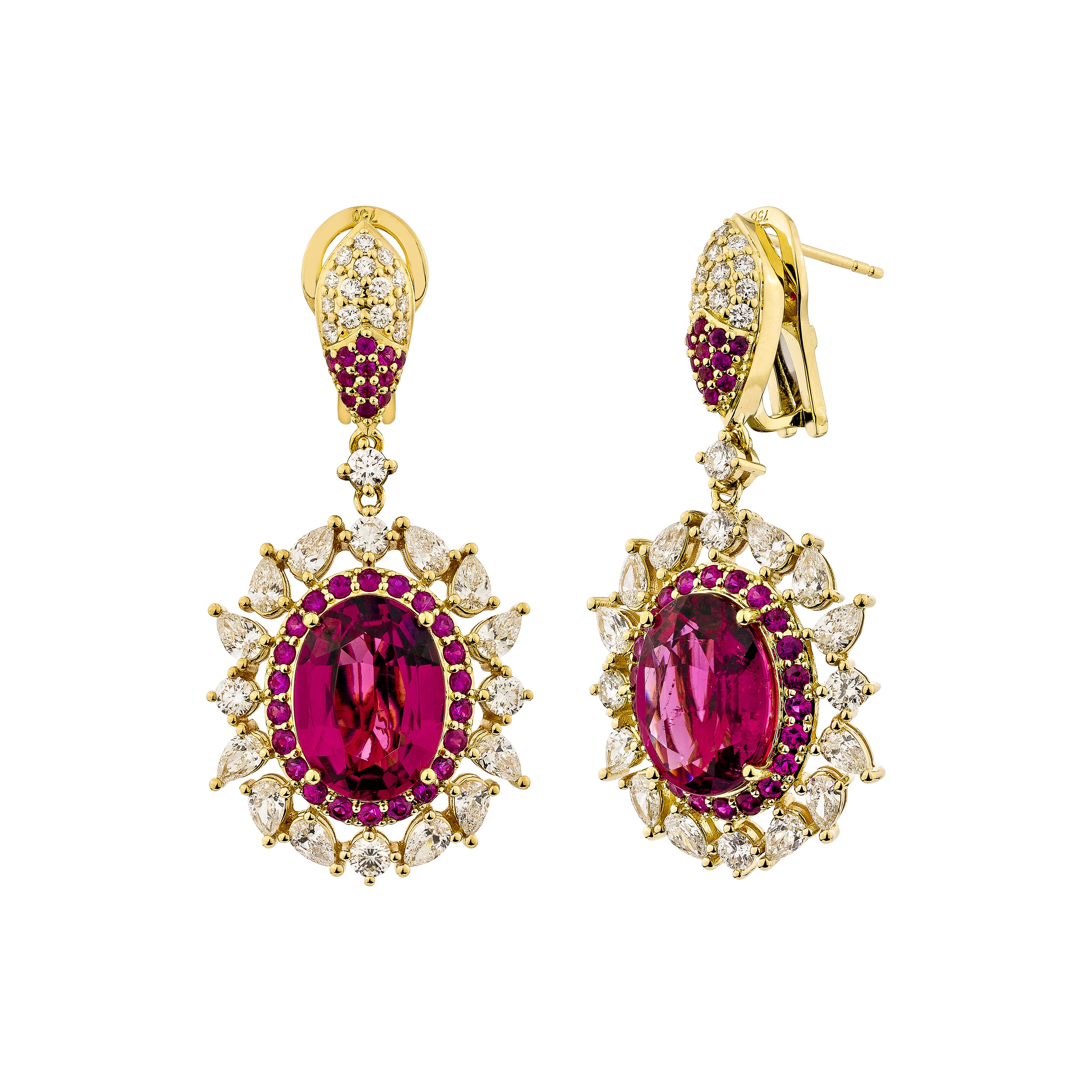 Oval Cut 10.962 Carat Rubellite Drop Earrings in 18KYG with Ruby and White Diamond. For Sale