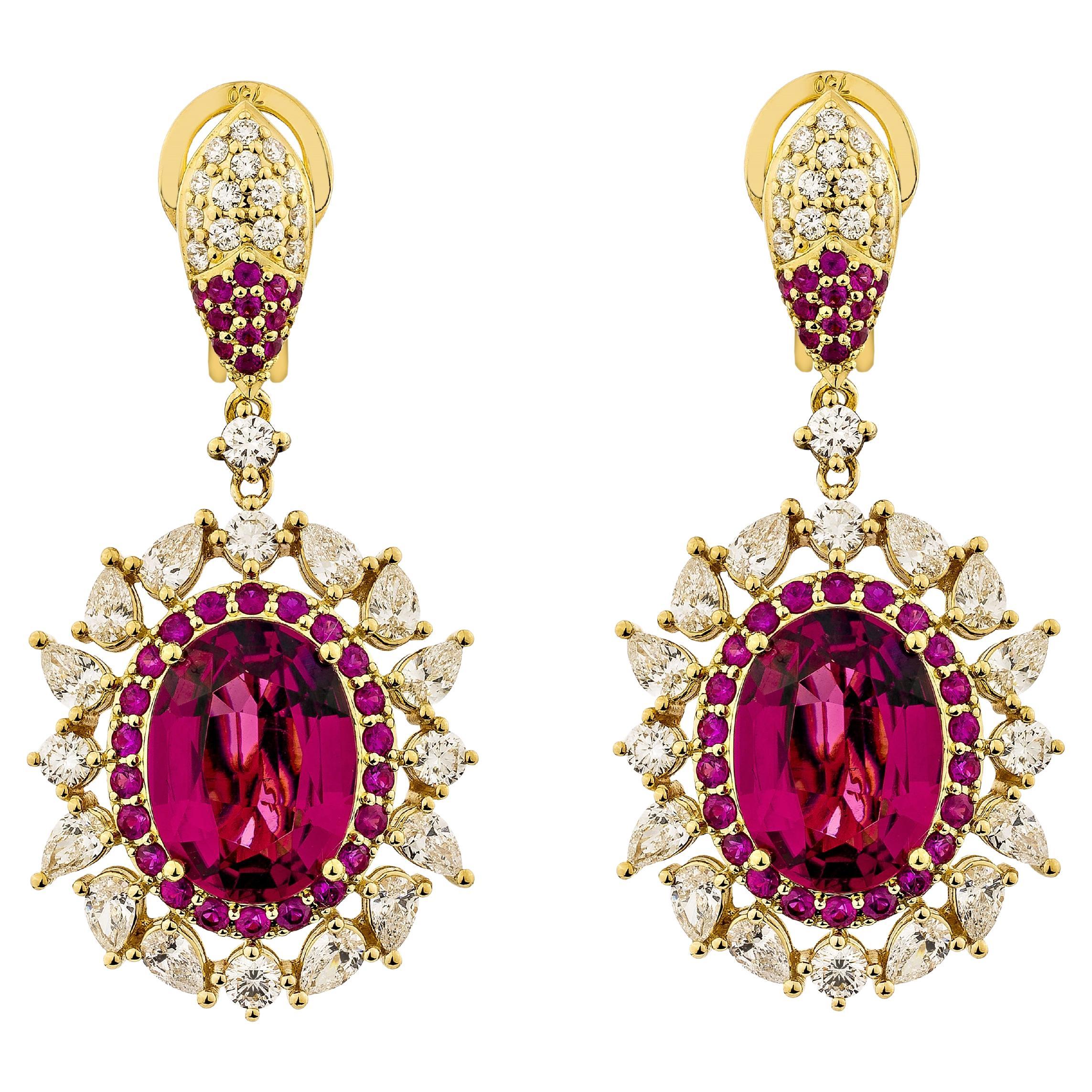 10.962 Carat Rubellite Drop Earrings in 18KYG with Ruby and White Diamond. For Sale