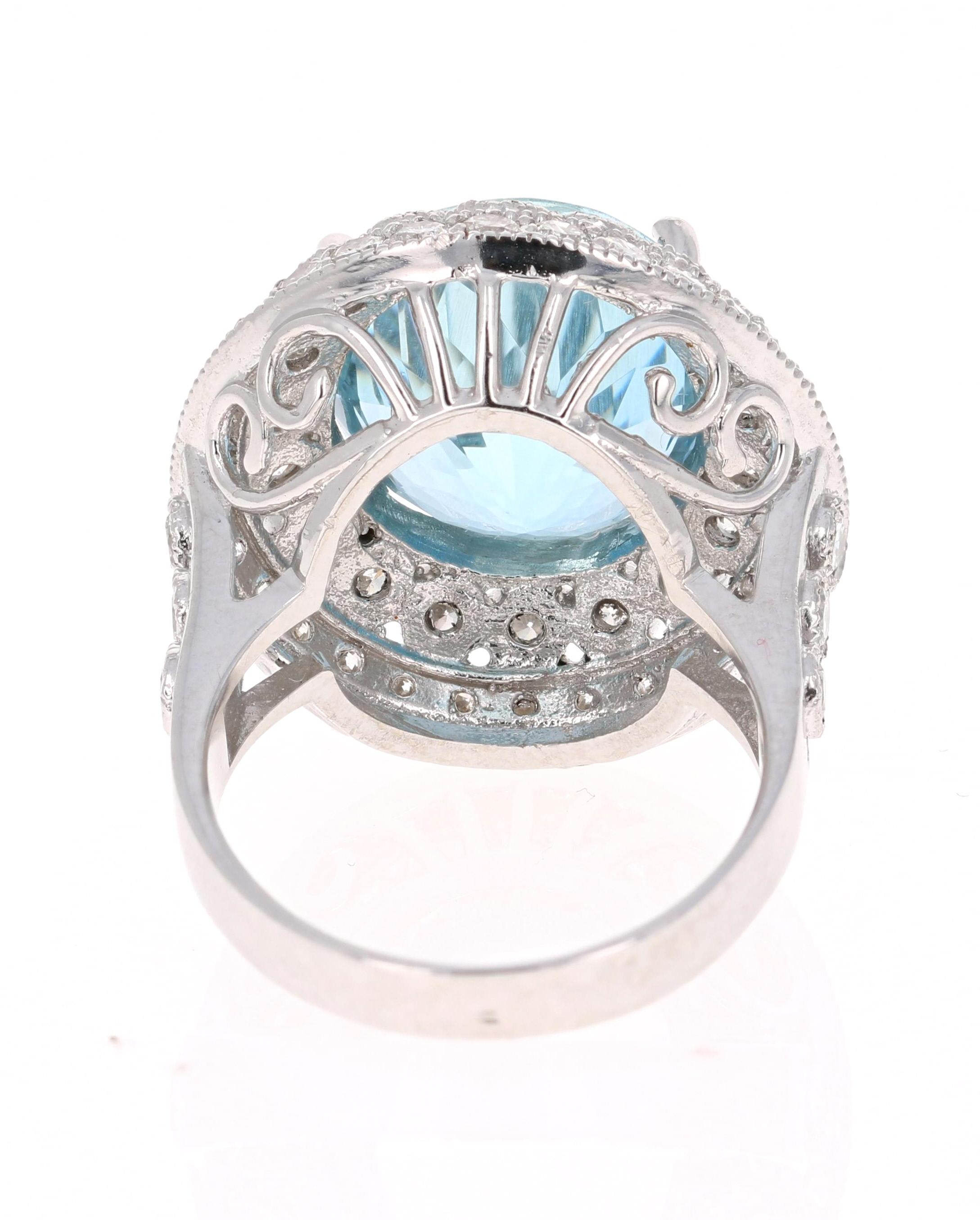 Oval Cut 10.97 Carat Aquamarine Diamond White Gold Cocktail Ring For Sale