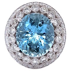 Anillo de Cóctel de Oro Blanco con Diamante Aguamarina de 10.97 Quilates