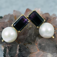 10.97 Carat Blue John Fluorite Freshwater Pearl Drop 14 Karat Gold Stud Earrings