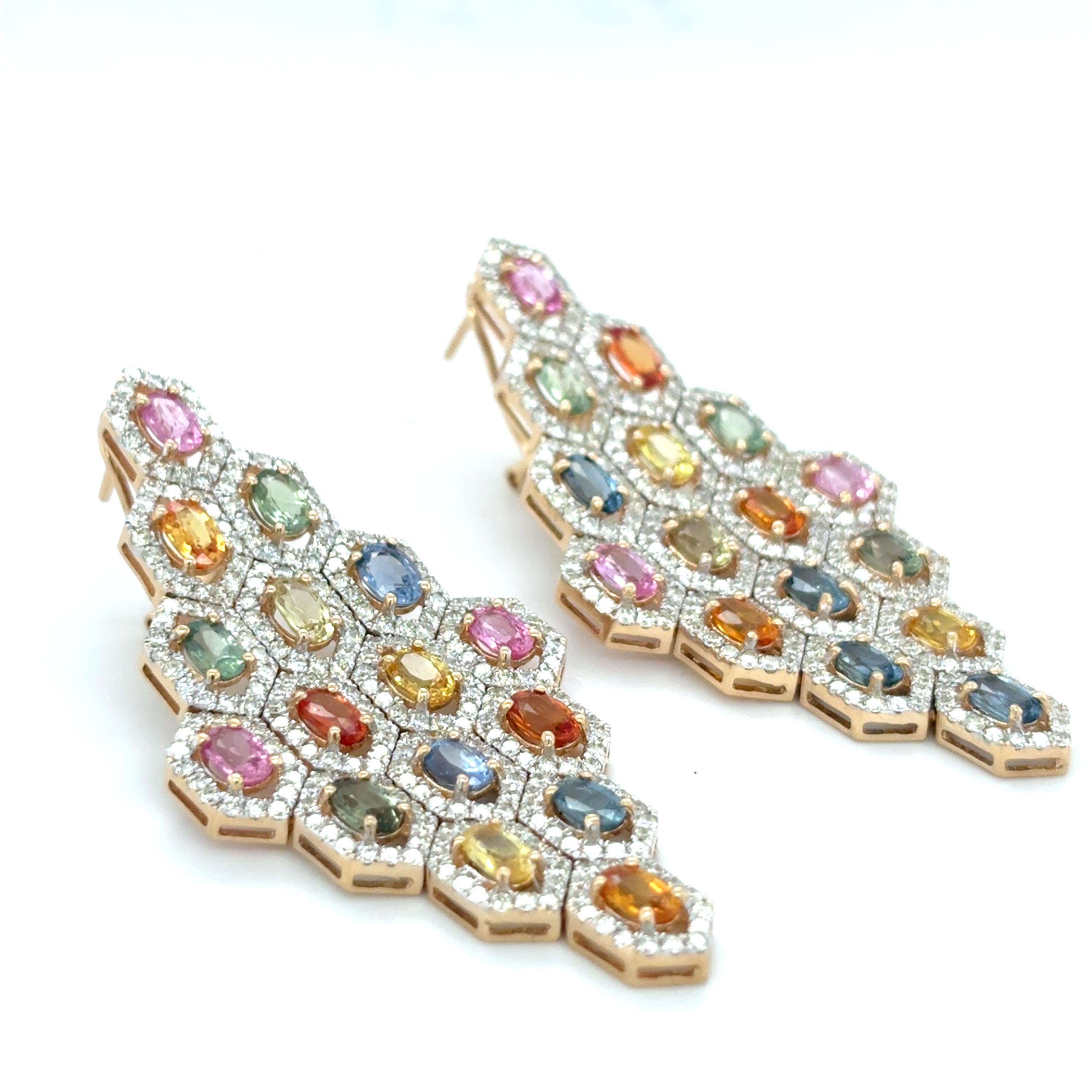 10,97 Karat Multicolor Saphir-Diamant-Ohrringe mit Ovalschliff (Kunsthandwerker*in) im Angebot