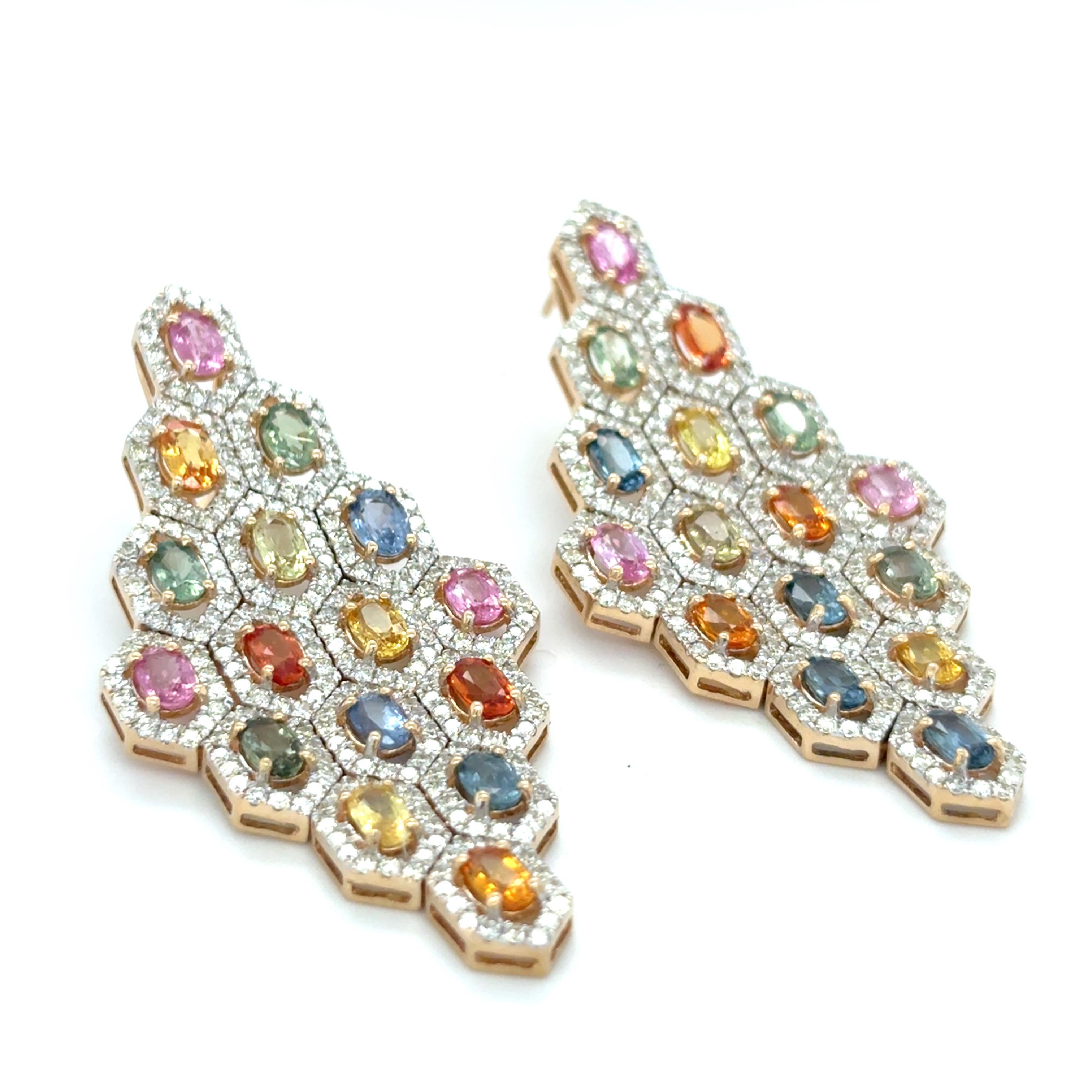 10,97 Karat Multicolor Saphir-Diamant-Ohrringe mit Ovalschliff im Zustand „Neu“ im Angebot in Trumbull, CT