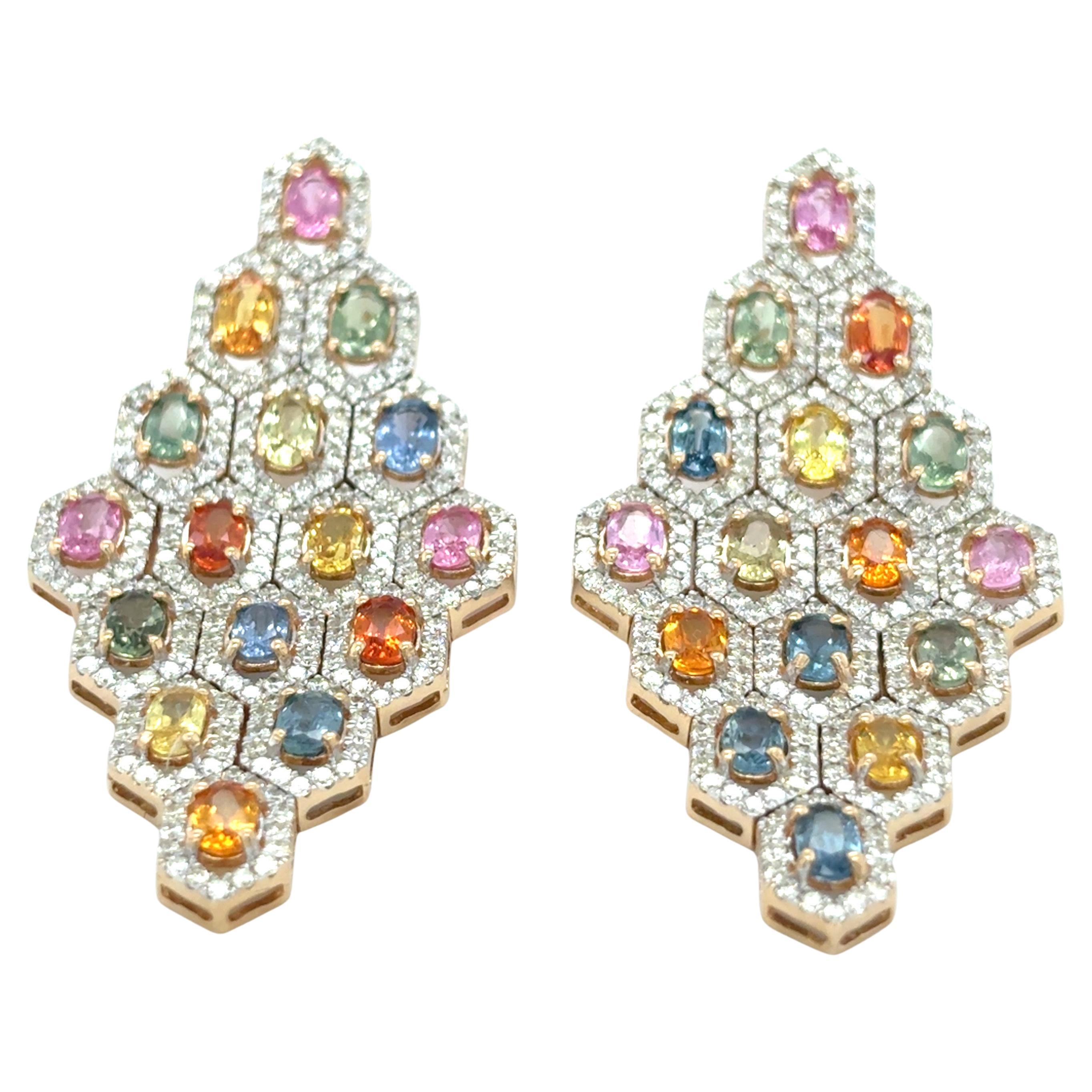 10,97 Karat Multicolor Saphir-Diamant-Ohrringe mit Ovalschliff im Angebot