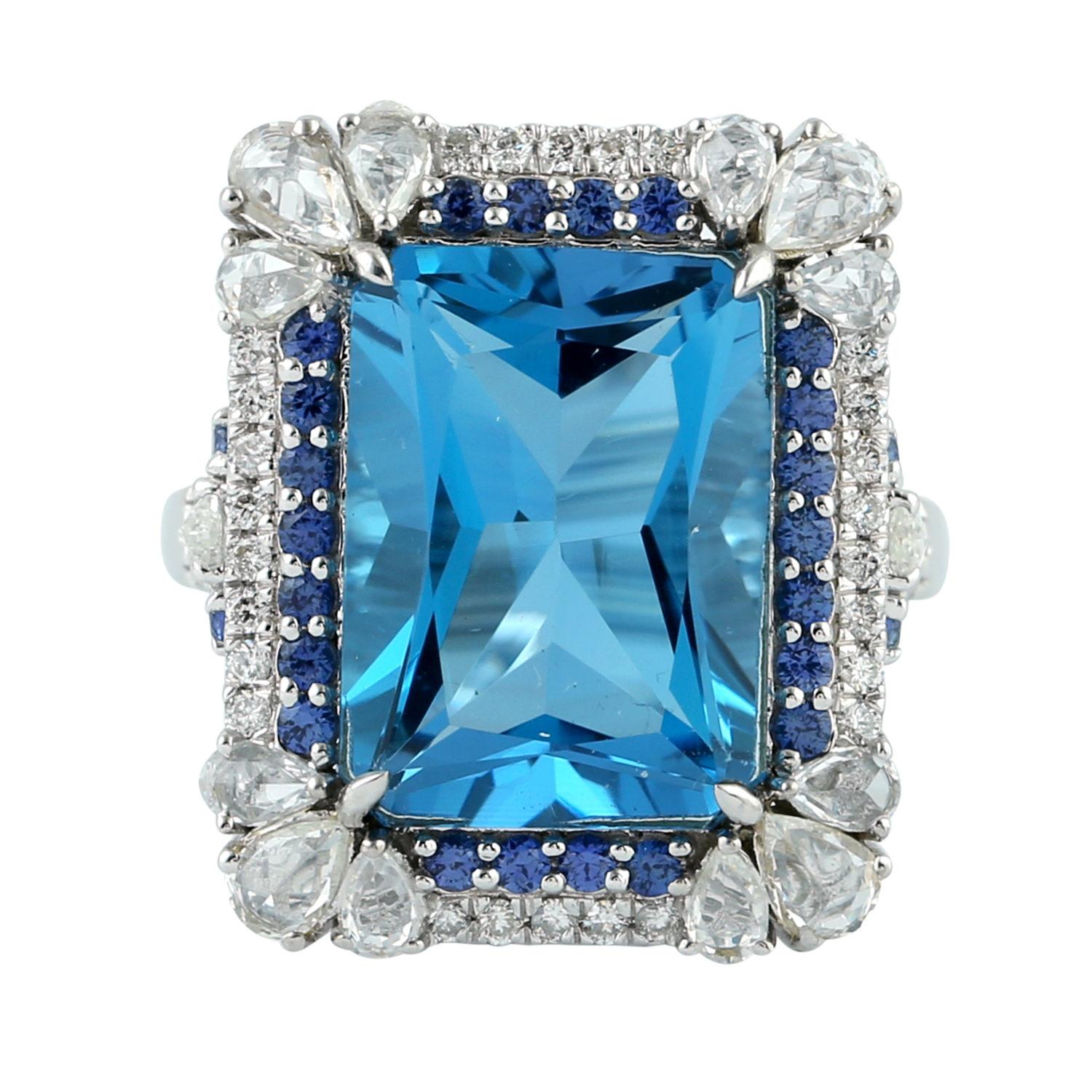 10.97ct Blue Topaz Cocktail Ring With Blue Sapphire & Diamonds For Sale 4