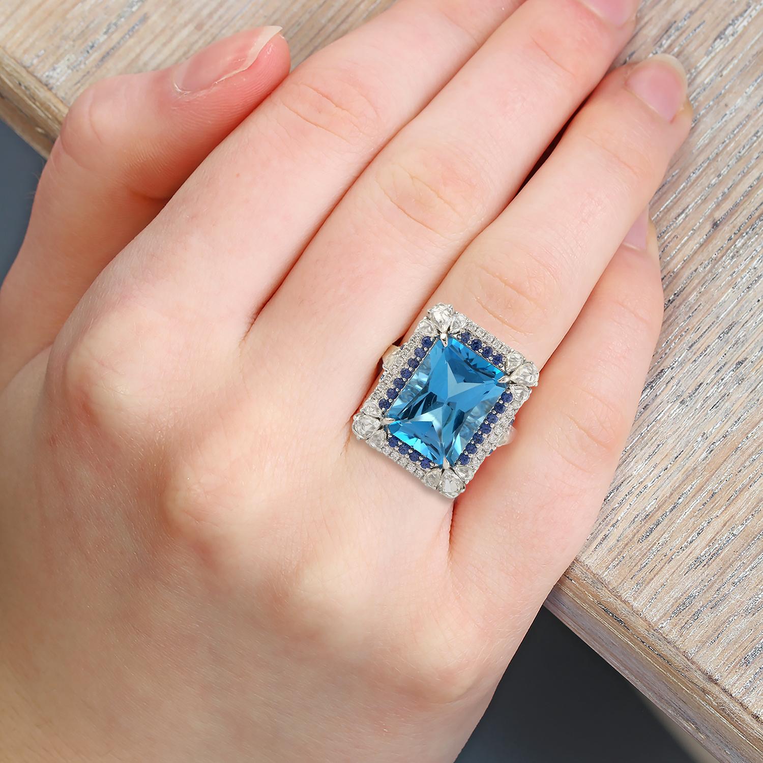 Mixed Cut 10.97ct Blue Topaz Cocktail Ring With Blue Sapphire & Diamonds For Sale