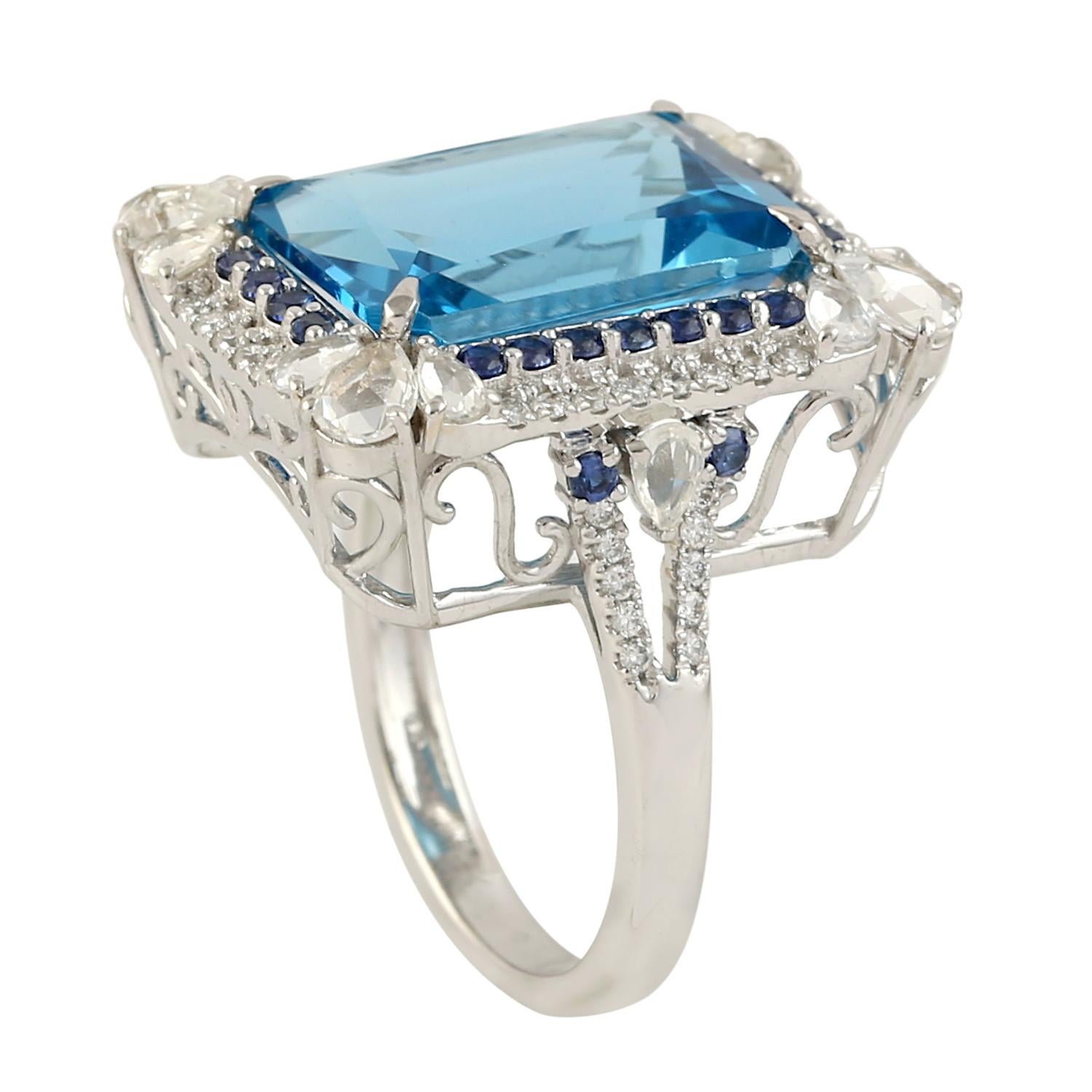 Women's 10.97ct Blue Topaz Cocktail Ring With Blue Sapphire & Diamonds For Sale