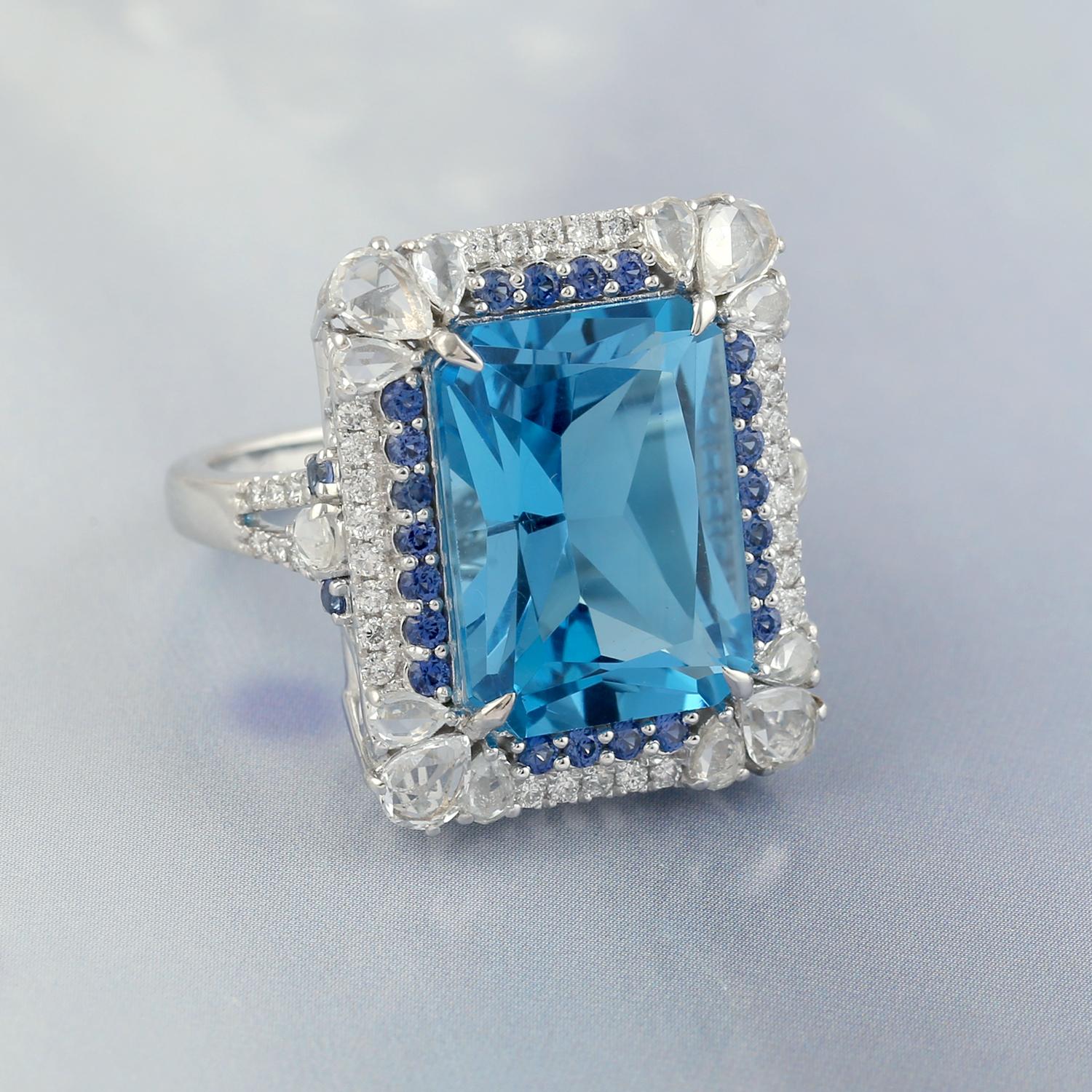 10.97ct Blue Topaz Cocktail Ring With Blue Sapphire & Diamonds For Sale 1