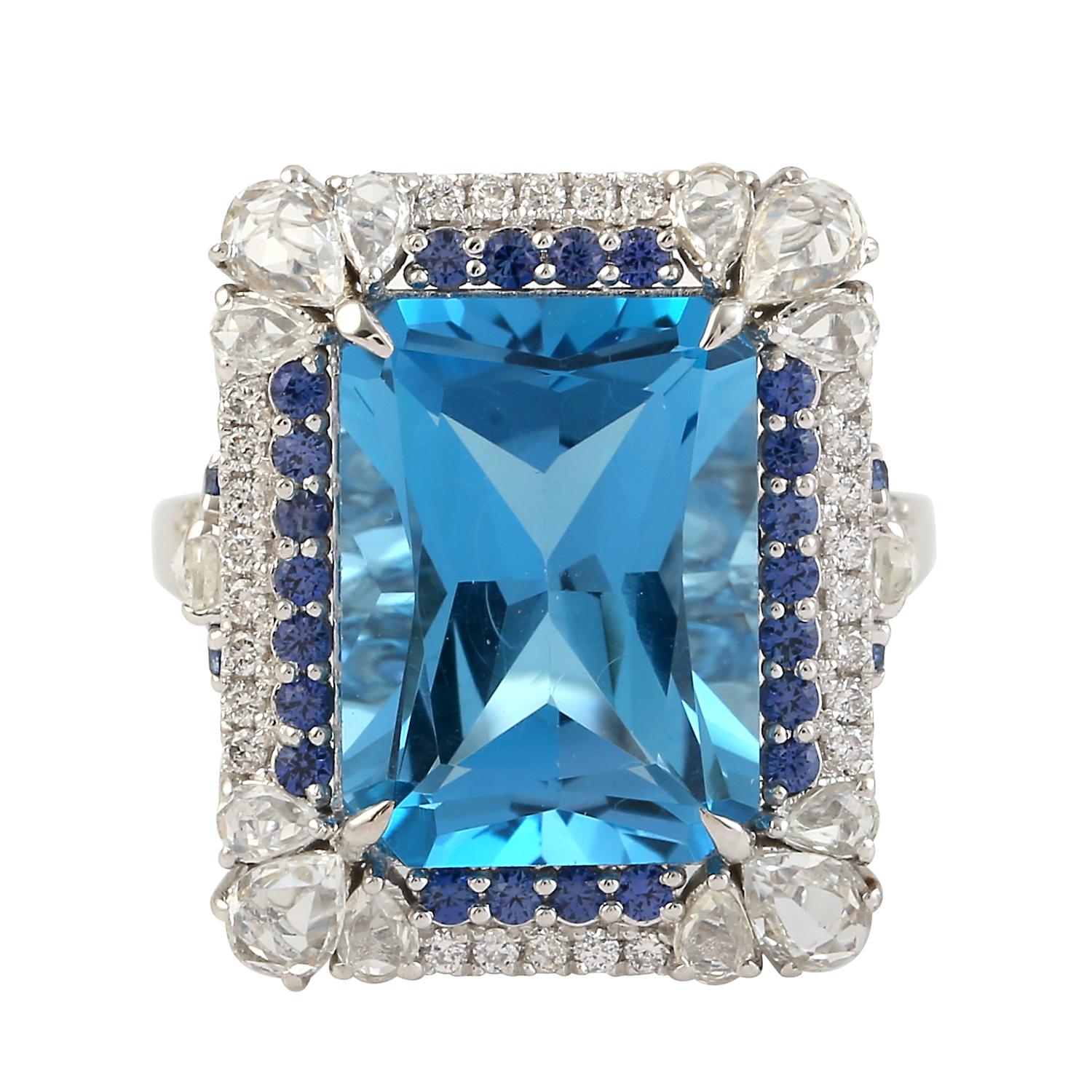 10.97ct Blue Topaz Cocktail Ring With Blue Sapphire & Diamonds For Sale 2