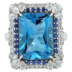 10.97ct Blue Topaz Cocktail Ring With Blue Sapphire & Diamonds