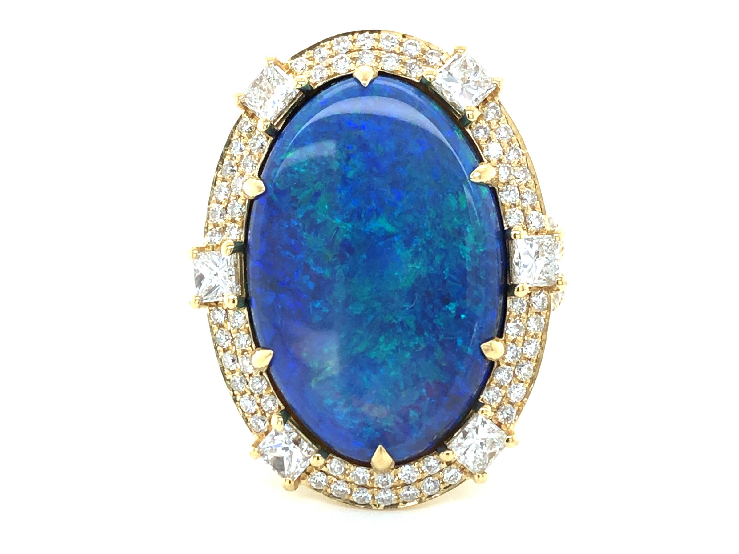 Oval Cut 10.98 Carat Oval Black Opal and Diamond Ring  For Sale