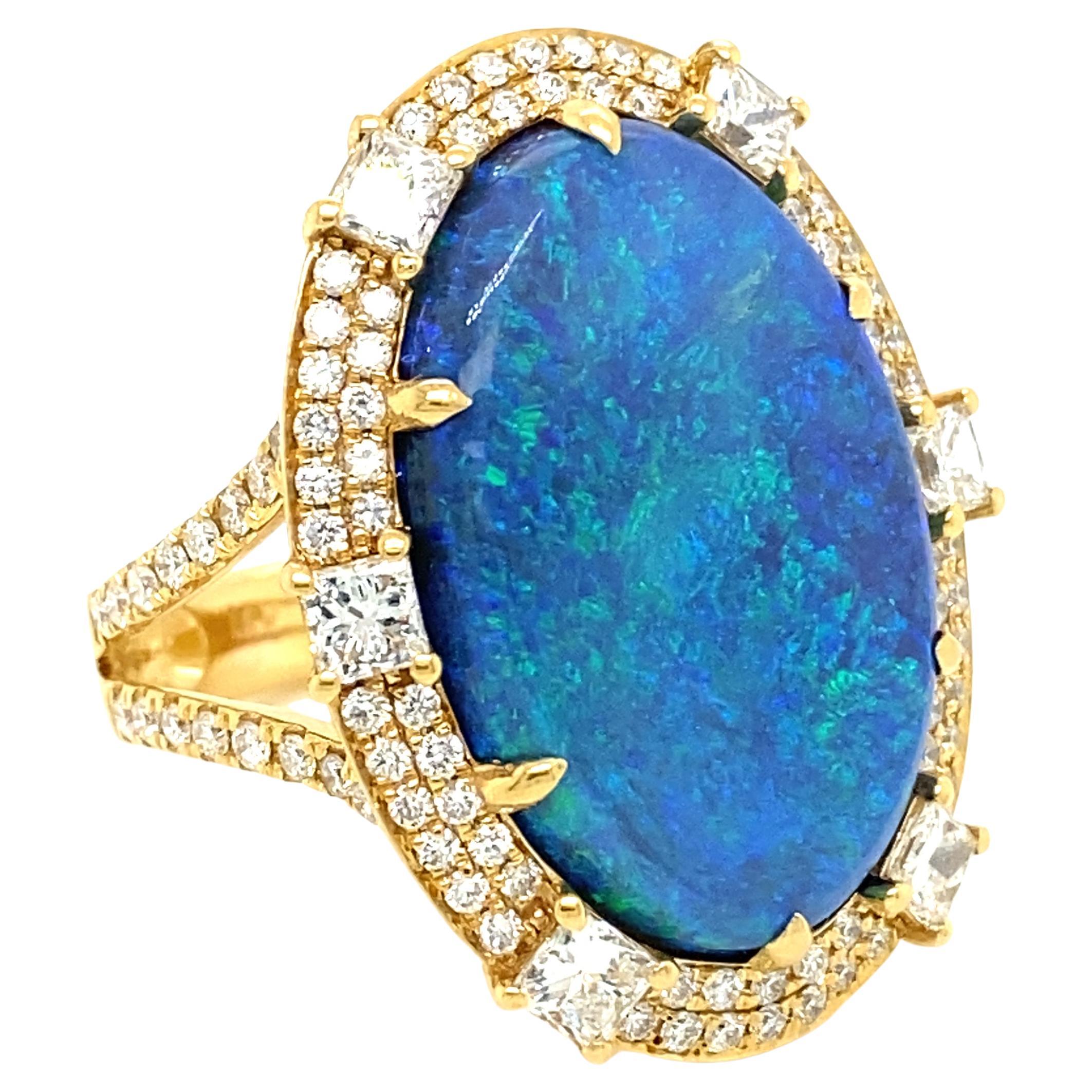 10.98 Carat Oval Black Opal and Diamond Ring  For Sale