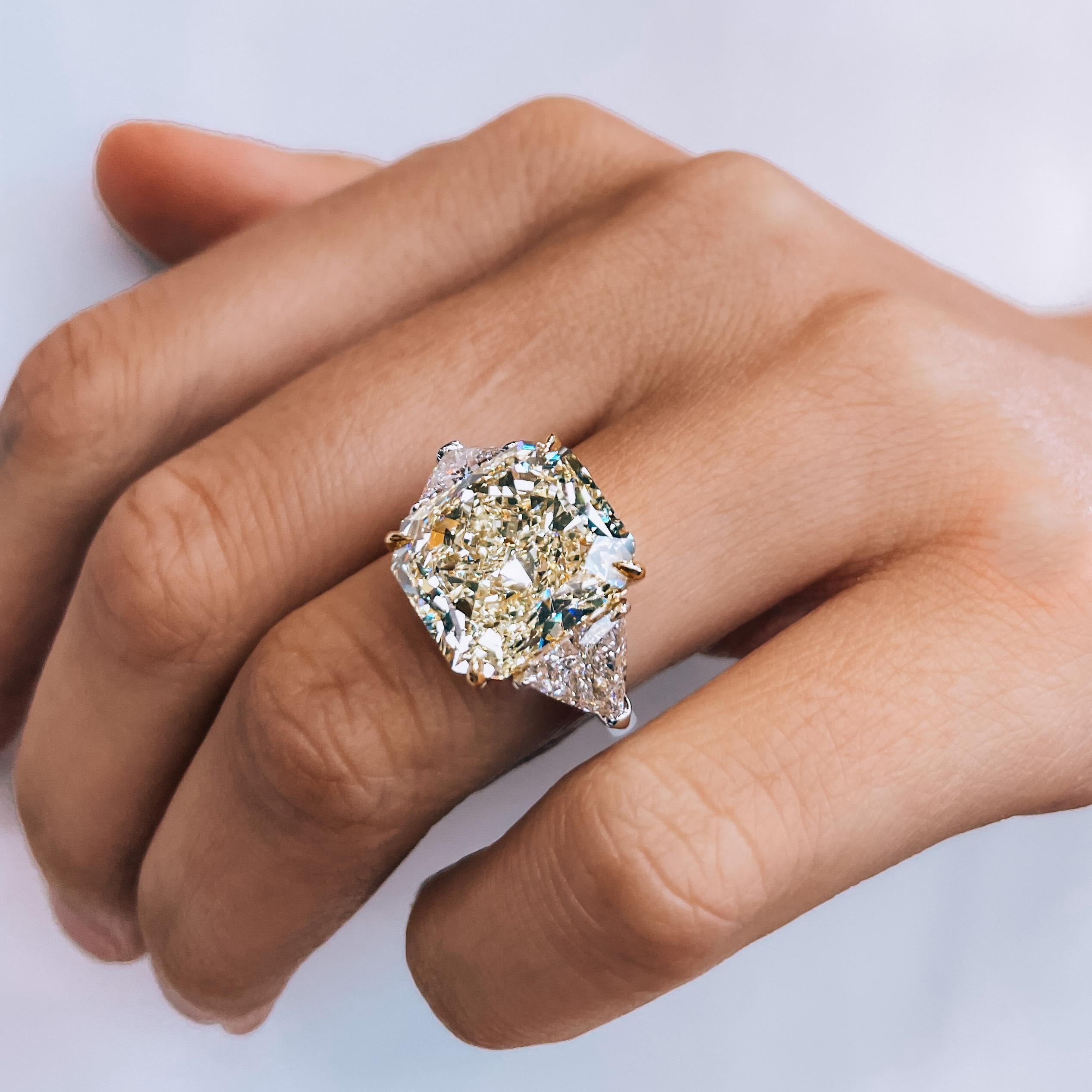 Women's 10.98 Carat Radiant Cut Fancy Yellow VVS2 Three Stone Diamond Engagement Ring