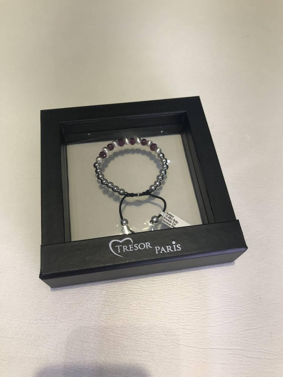 Bracelet classique en perles de rubis, d'argent et d'acier inoxydable de 10,98 carats  Pour femmes en vente