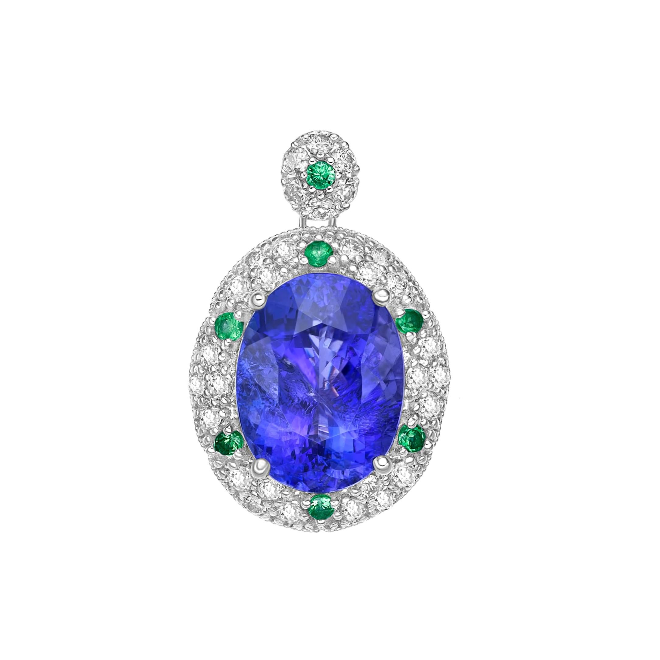 It is a beautiful Tanzanite Pendant in an oval form with a velvety blue colour. The pendant is attractive and suitable for a variety of events. The Tsavorites and Diamonds that surround the Pendant enhance to its beauty and elegance. These lovely