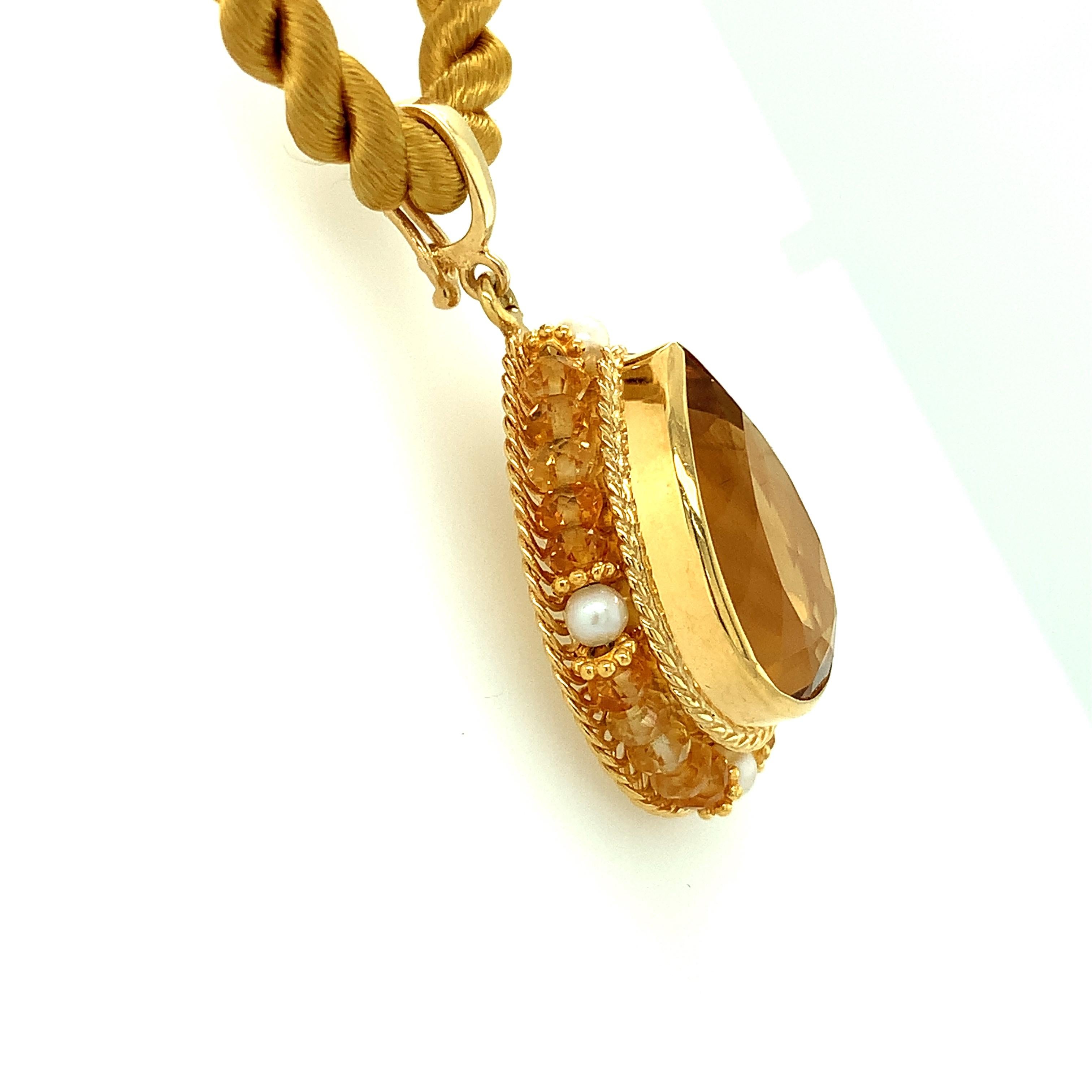 Pear Cut 10.98 Carat Citrine and Pearl Teardrop Enhancer with 18k Yellow Gold Filigree 