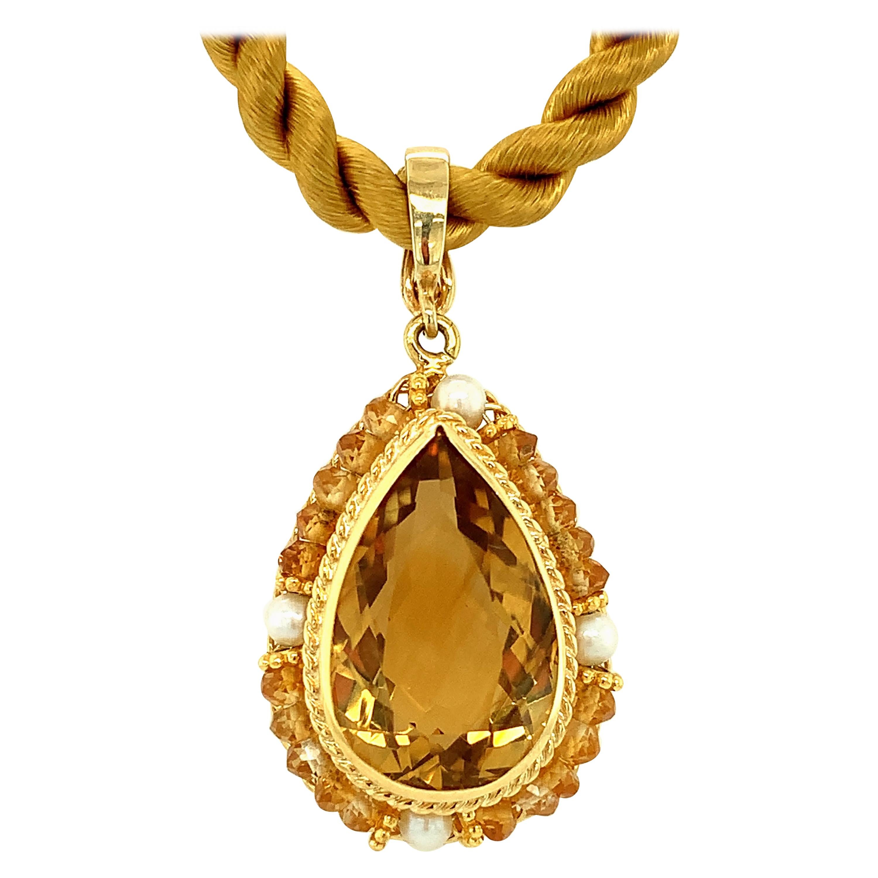 10.98 Carat Citrine and Pearl Teardrop Enhancer with 18k Yellow Gold Filigree 