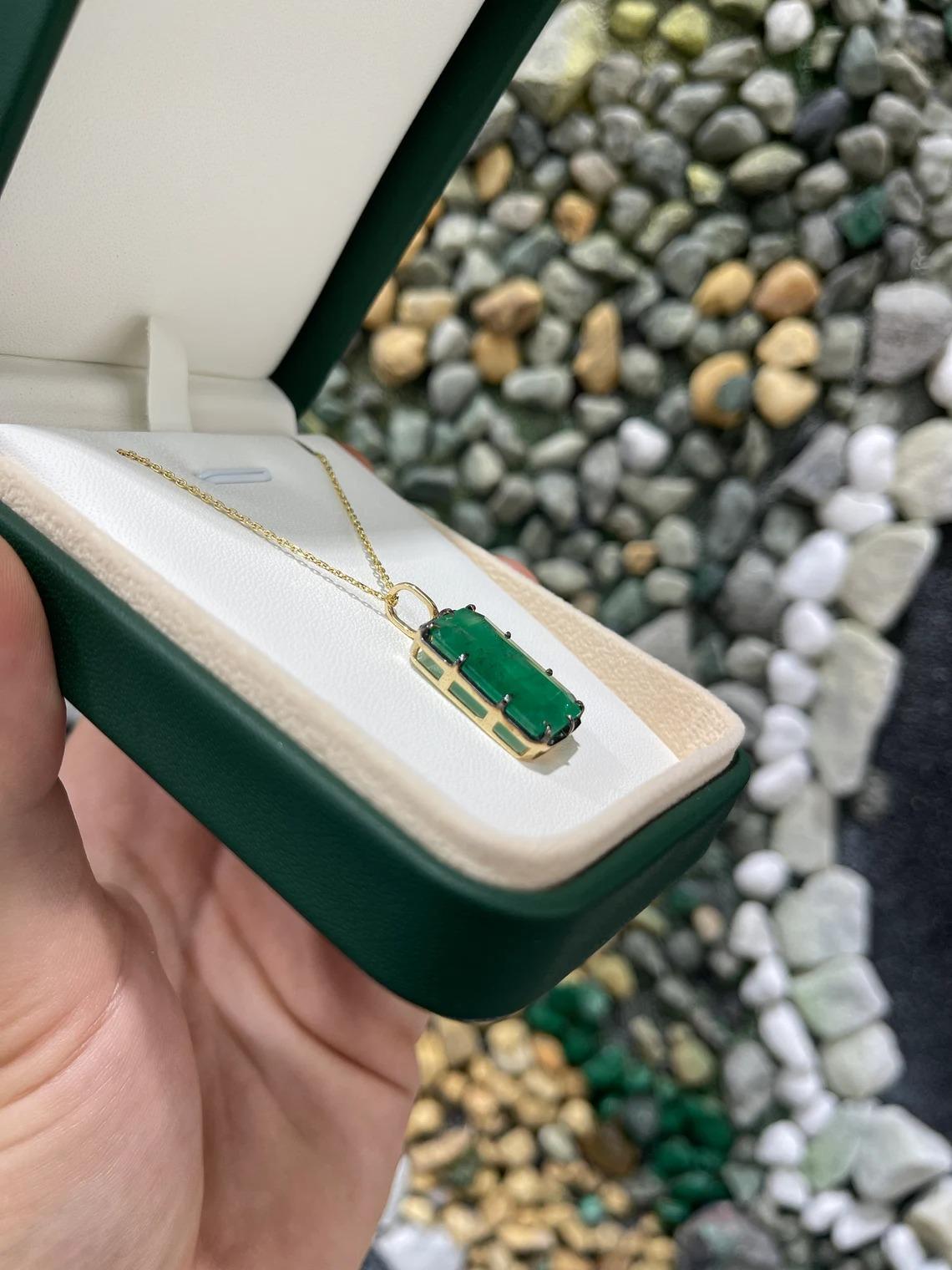 10.98cts 14K Elongated Emerald Cut Emerald Gold Pendant Black Rhodium Prongs In New Condition For Sale In Jupiter, FL