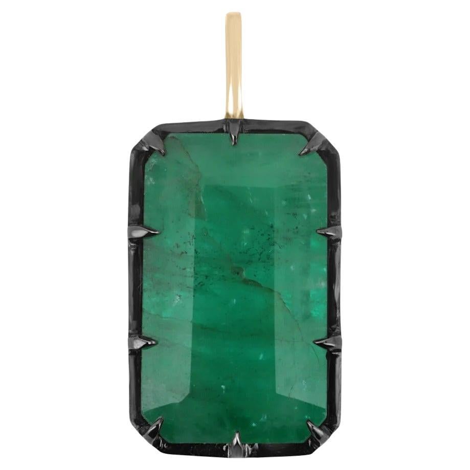 10.98cts 14K Elongated Emerald Cut Emerald Gold Pendant Black Rhodium Prongs