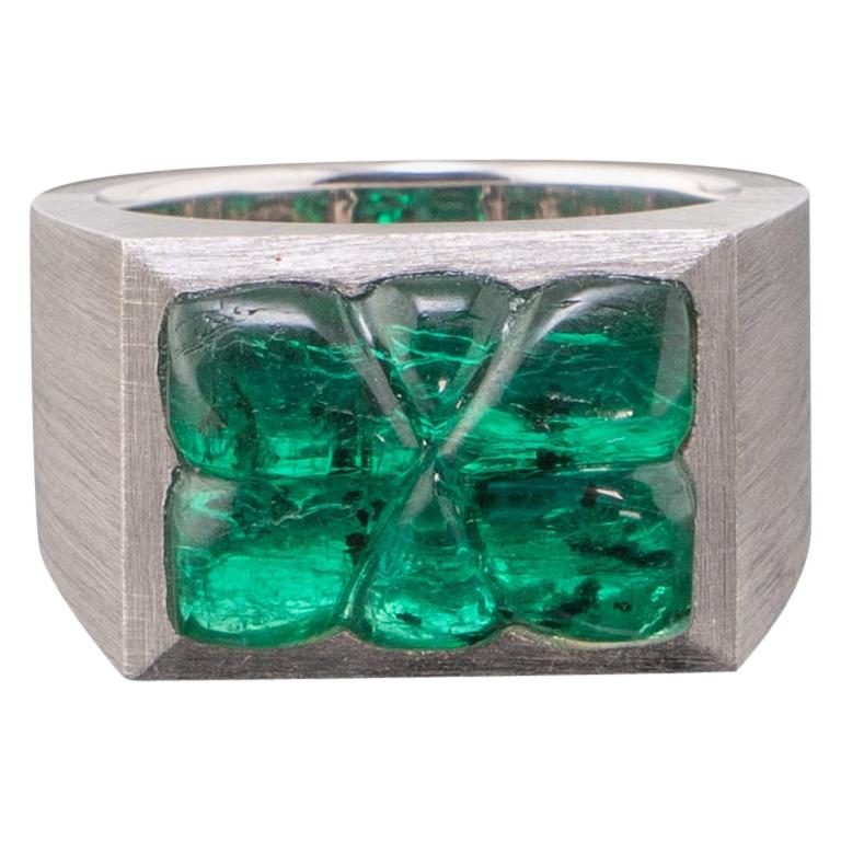 10.99 Carat Carved Emerald and 18 Karat White Gold Ring For Sale