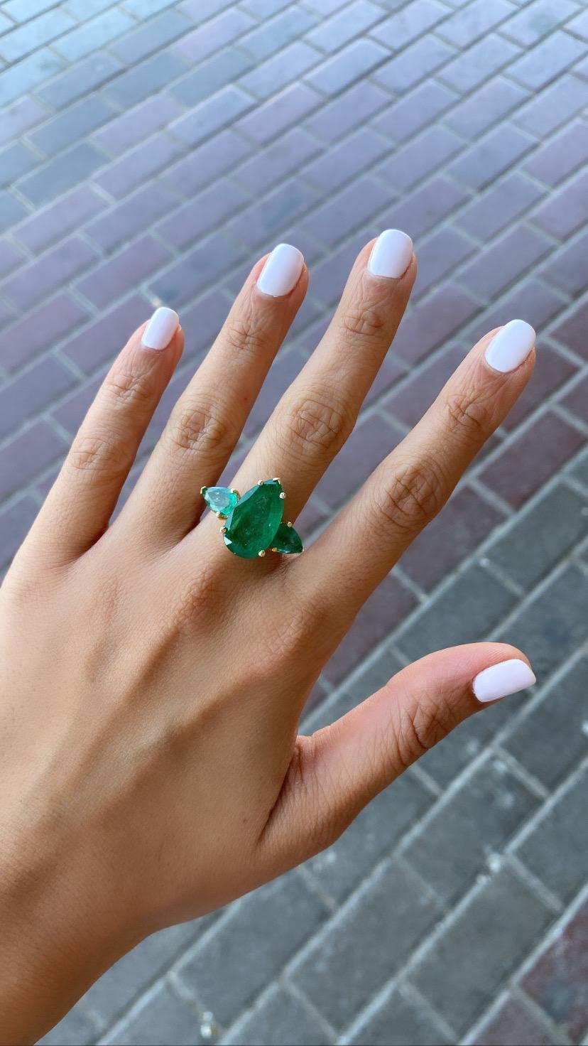 Modern 10.99 Carat Pear Shape Emerald Three Stone Engagement Ring For Sale