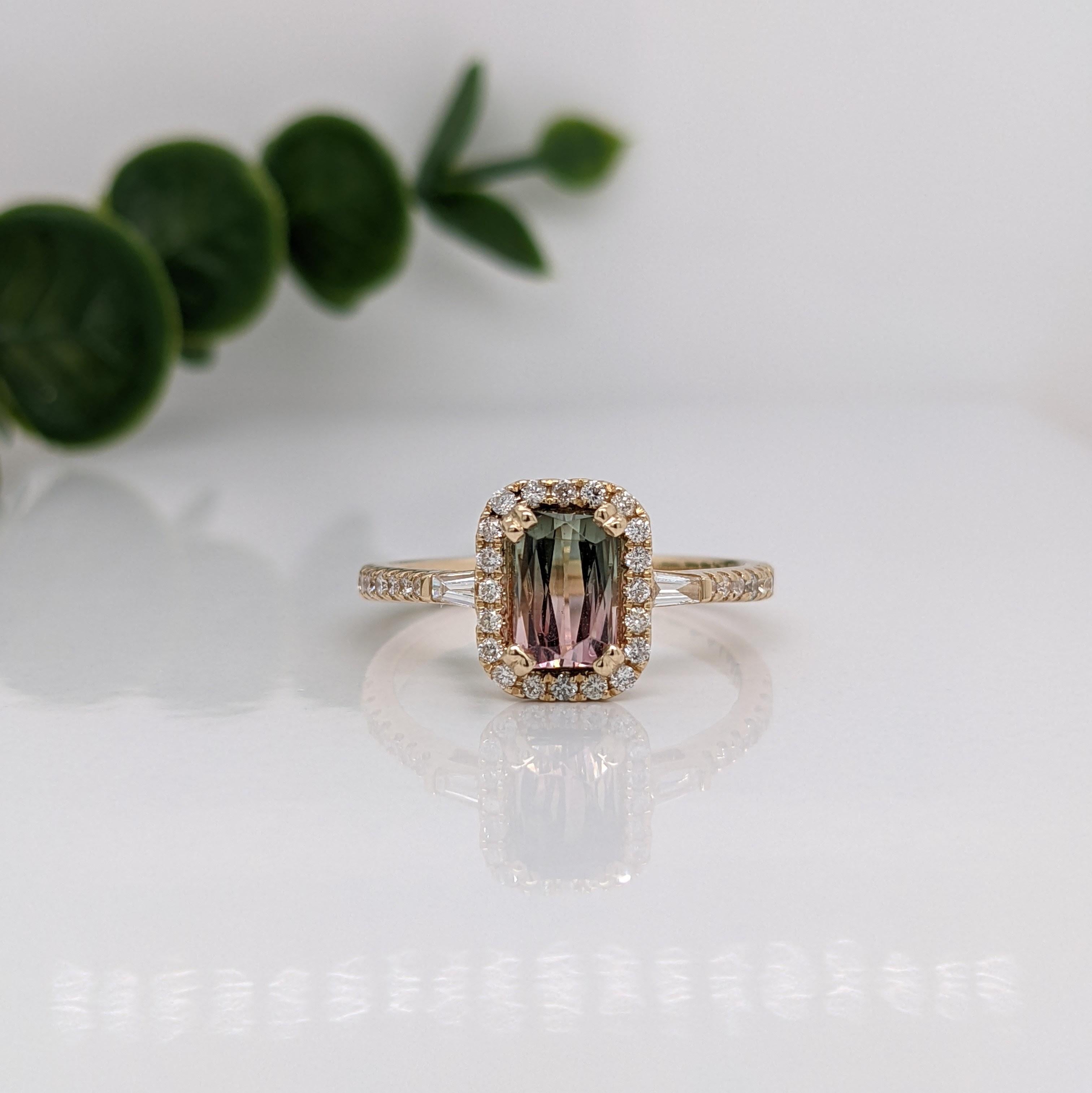 This stunning scissor cut bi-color tourmaline blends pink and green in an absolutely captivating ring with a shimmering diamond halo in 14k yellow gold. Great as a statement piece for any formal event!

Item Type: Ring

Stone: Tourmaline
Stone size:
