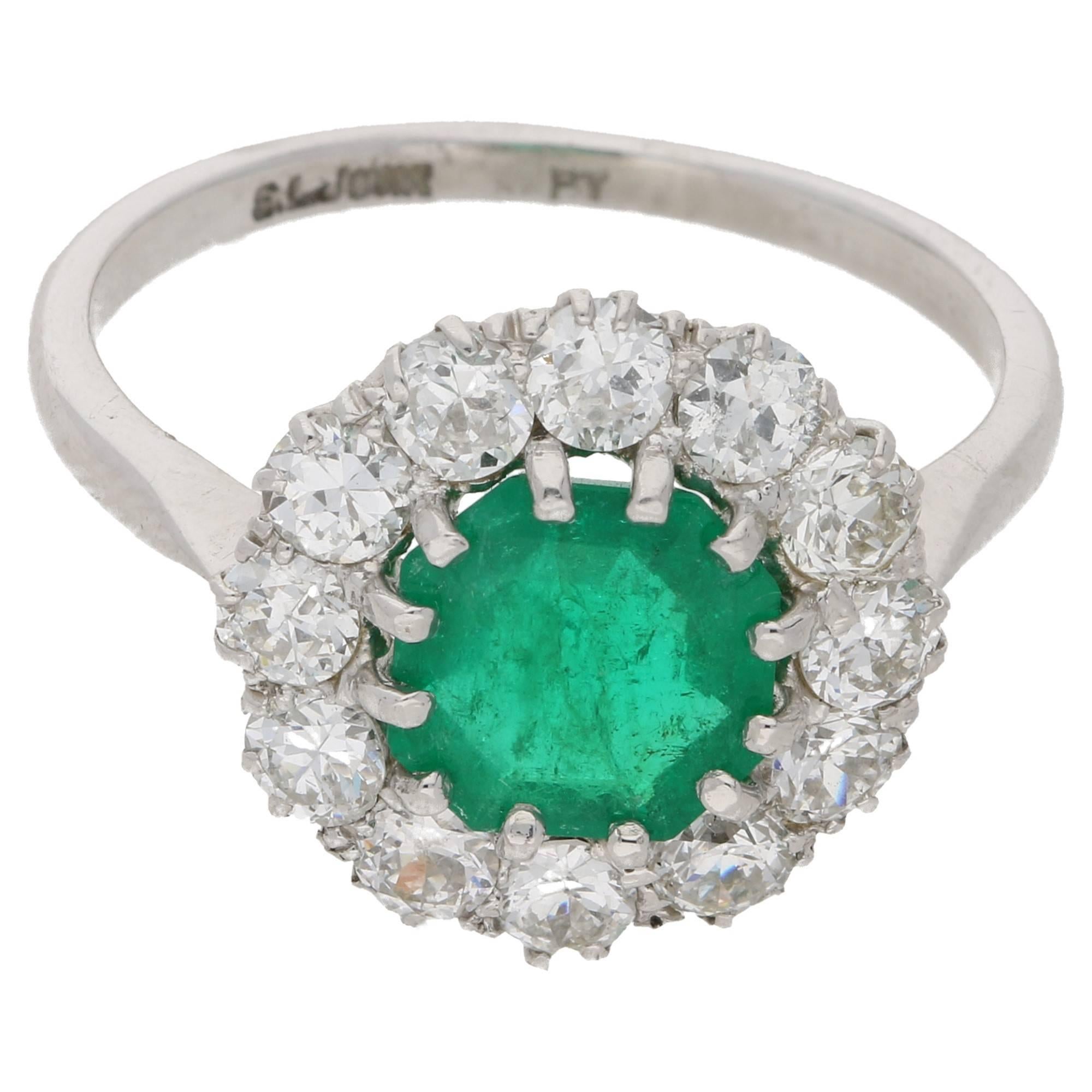 Women's or Men's Emerald and Diamond Cluster Engagement Ring Set in Platinum