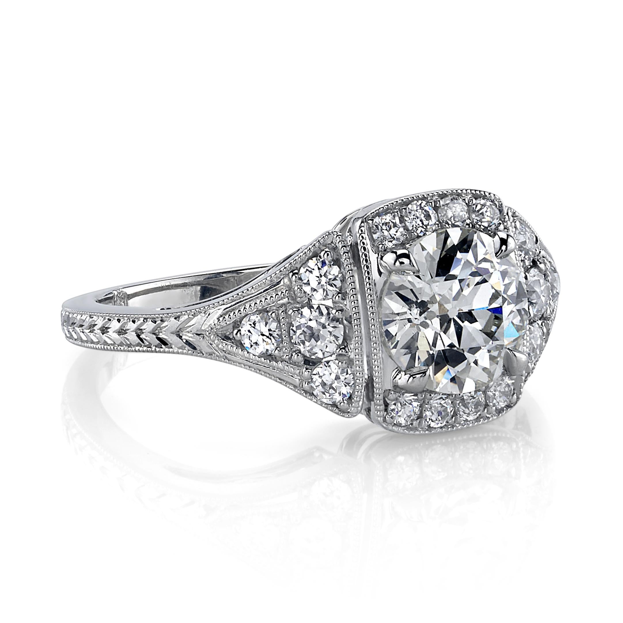 1.09ct K/SI1 GIA certified old European cut diamond with 0.35ctw diamond accents set in a handcrafted platinum mounting. 

Ring is currently a size 6 and can be sized to fit.  