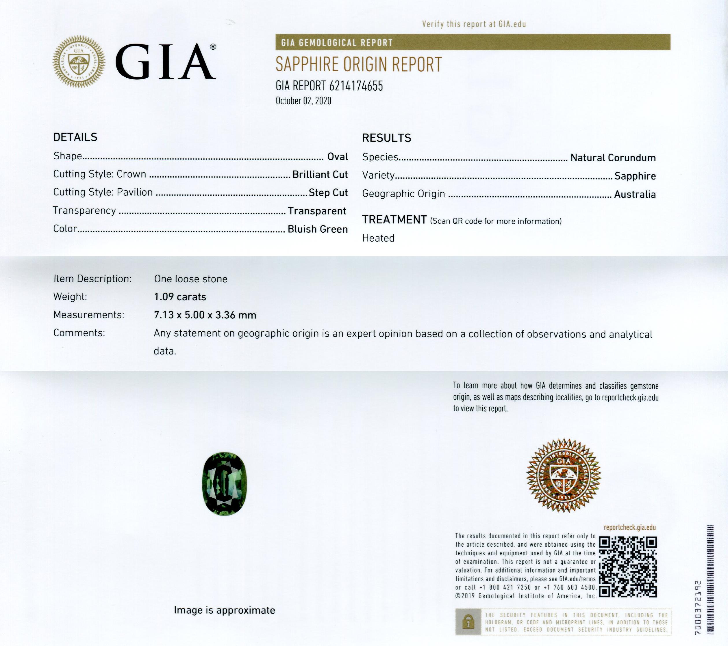 This is a stunning GIA Certified Sapphire 

The GIA report reads as follows:

GIA Report Number: 6214174655
Shape: Oval
Cutting Style: 
Cutting Style: Crown: Brilliant Cut
Cutting Style: Pavilion: Step Cut
Transparency: Transparent
Color: Bluish