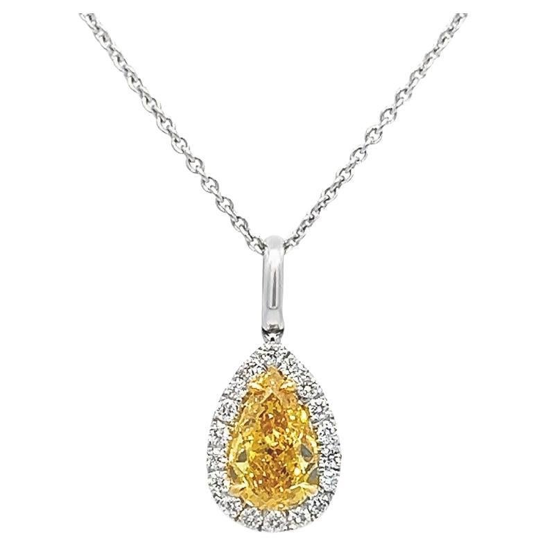 1.09CT Total weight Fancy Vivid Orangy Yellow Pendant Necklace, set in 18kyw GIA For Sale
