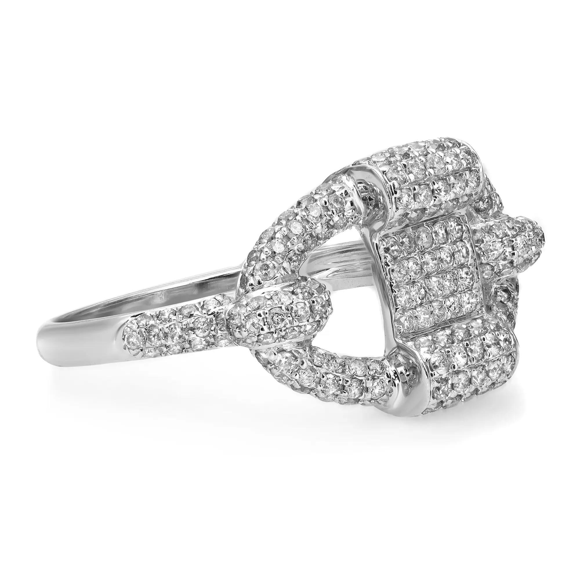 Classic and elegant ladies diamond ring rendered in highly polished 14K white gold. This ring features round brilliant cut diamonds in pave setting totaling 1.09 carats. Diamond quality: I color and SI1 clarity. Ring size: 7.5. Total weight: 4.38