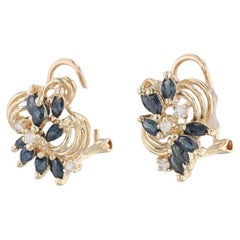 1.09ctw Blue Sapphire Diamond Cluster Earrings 14k Yellow Gold Omega Backs