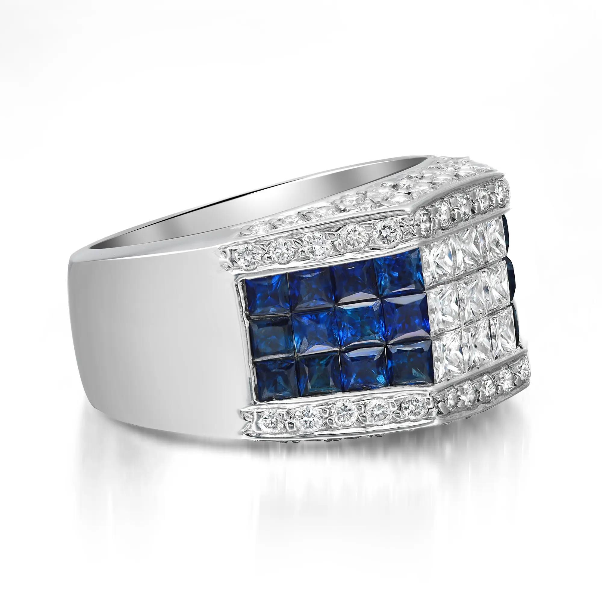 Modern 1.09Ctw Diamond & 1.20Ctw Blue Sapphire Cocktail Ring 18K White Gold Size 7 For Sale