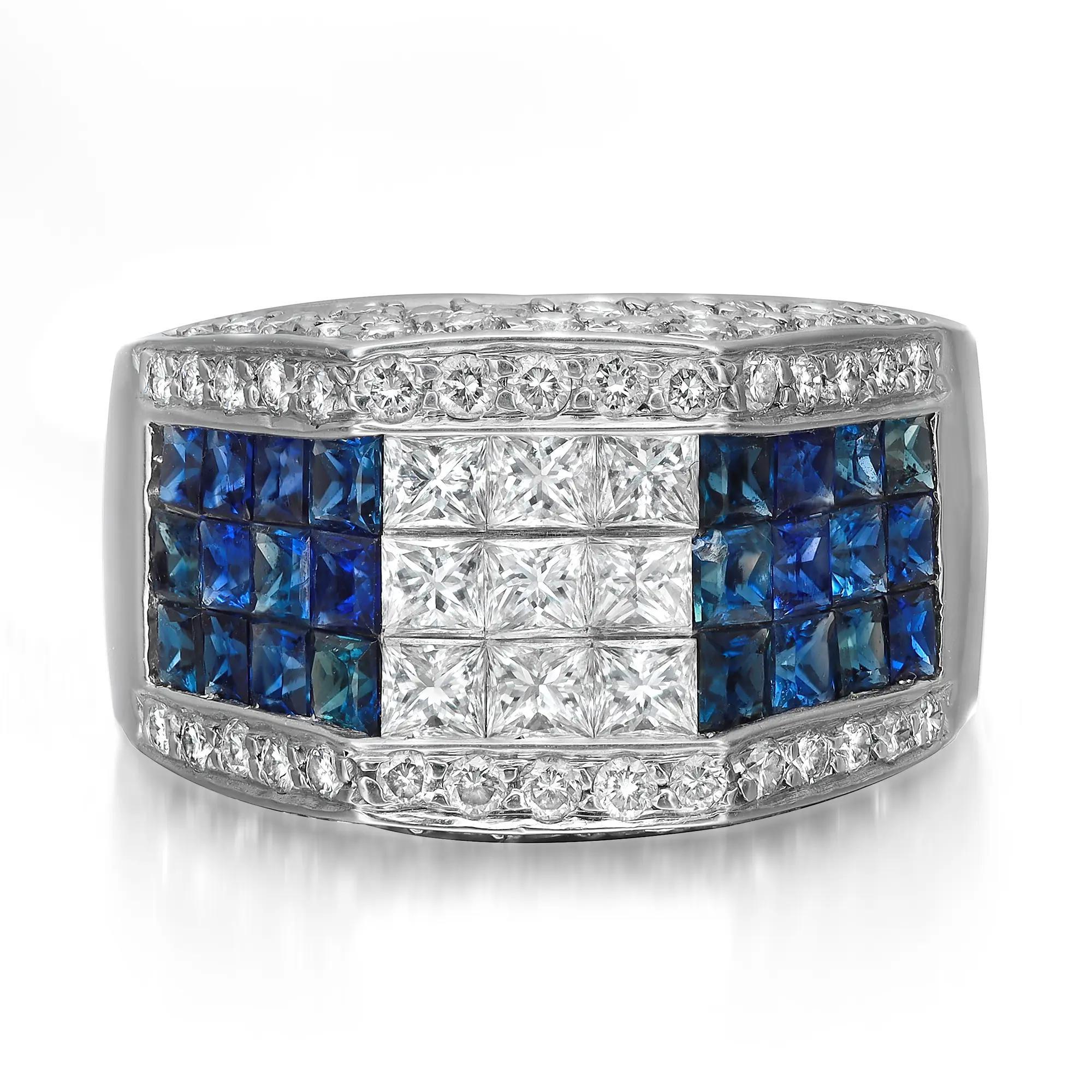 Princess Cut 1.09Ctw Diamond & 1.20Ctw Blue Sapphire Cocktail Ring 18K White Gold Size 7 For Sale