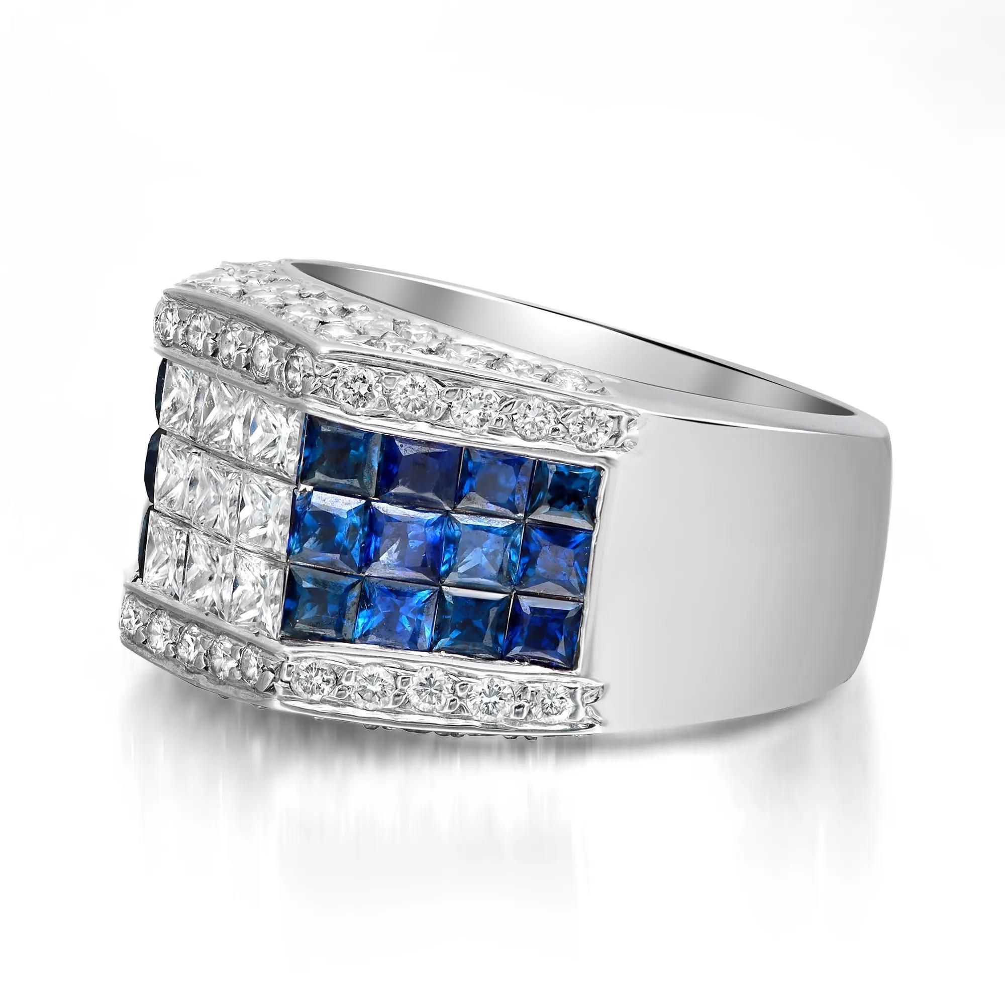 1.09Ctw Diamond & 1.20Ctw Blue Sapphire Cocktail Ring 18K White Gold Size 7 In Excellent Condition For Sale In New York, NY